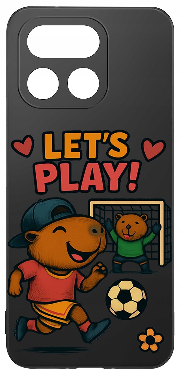 Etui na telefon z grafiką przedstawiającą dwie kapibary grające w piłkę nożną, z napisem \'LET\'S PLAY!\' oraz dwoma sercami. Tło jest ciemne, a postacie są kolorowe i uśmiechnięte.