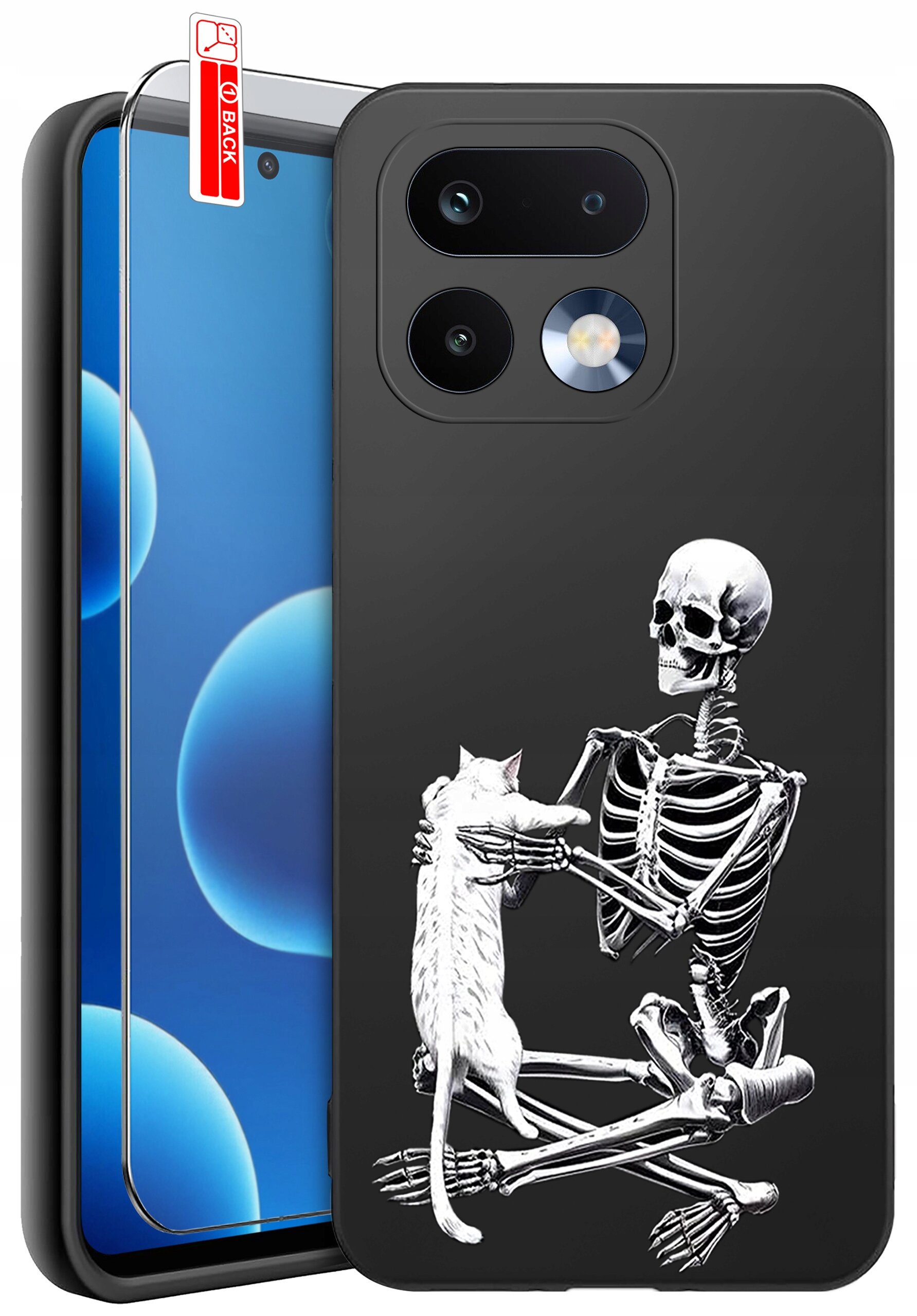 Czarne etui na telefon z nadrukiem szkieletu trzymającego kota. Obok znajduje się szkło ochronne z oznaczeniem \'BACK\'.