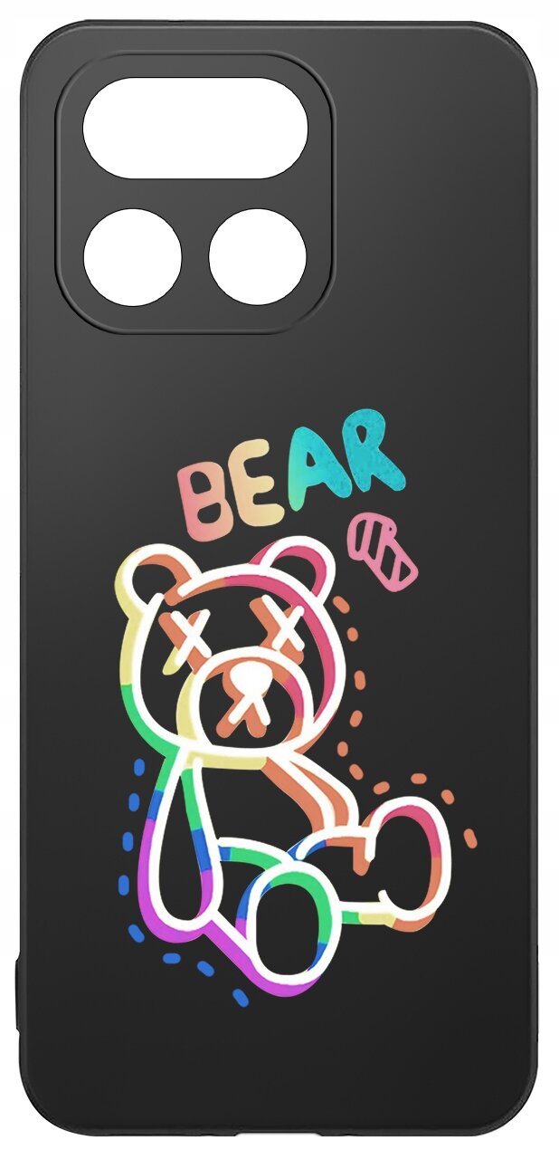 Czarne etui z kolorowym rysunkiem misia z zamkniętymi oczami i napisem \'BEAR\'.