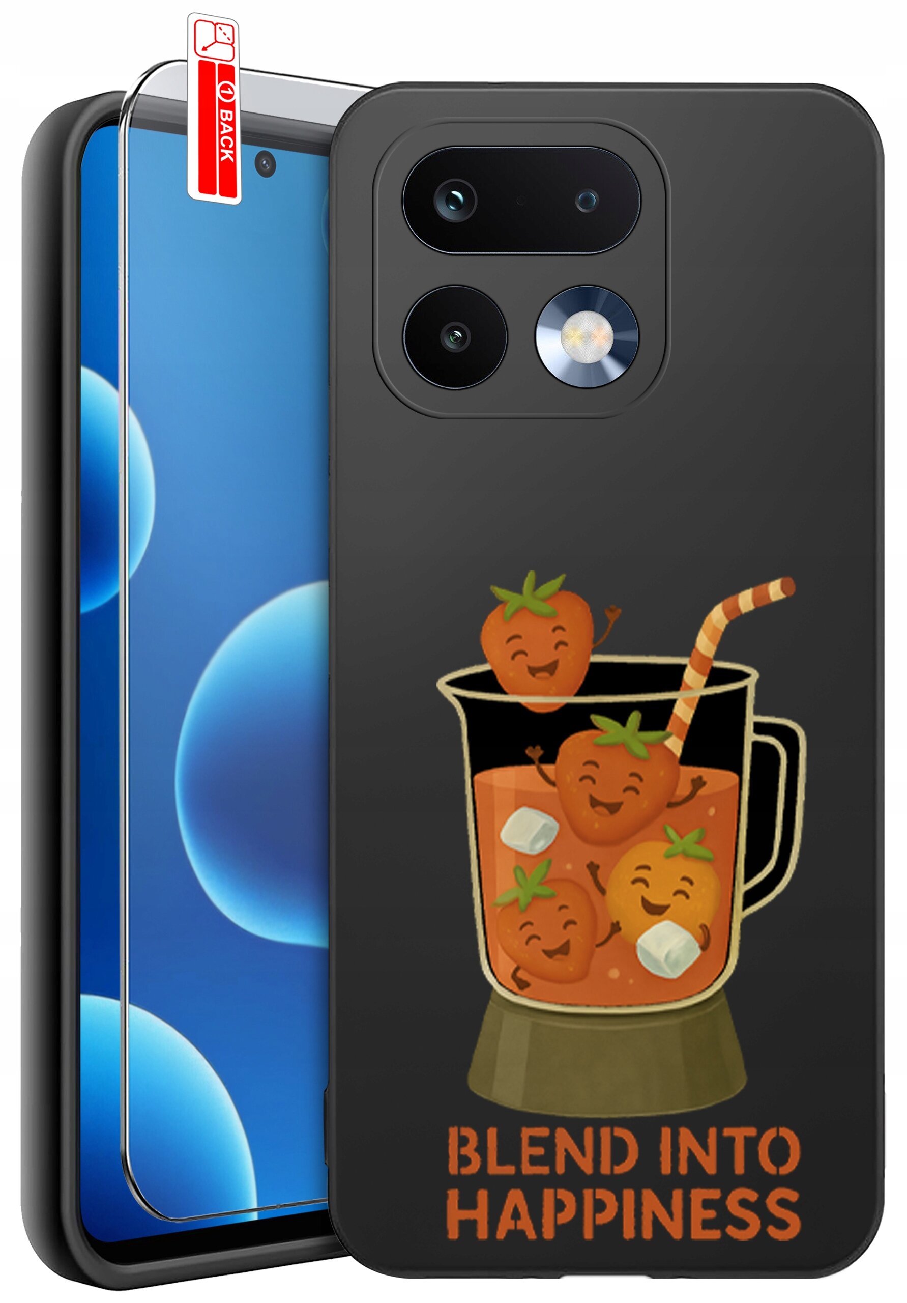 Etui na telefon z grafiką przedstawiającą uśmiechnięte truskawki w blenderze oraz napisem \'BLEND INTO HAPPINESS\'. Obok etui znajduje się szkło ochronne z oznaczeniem \'BACK\'.