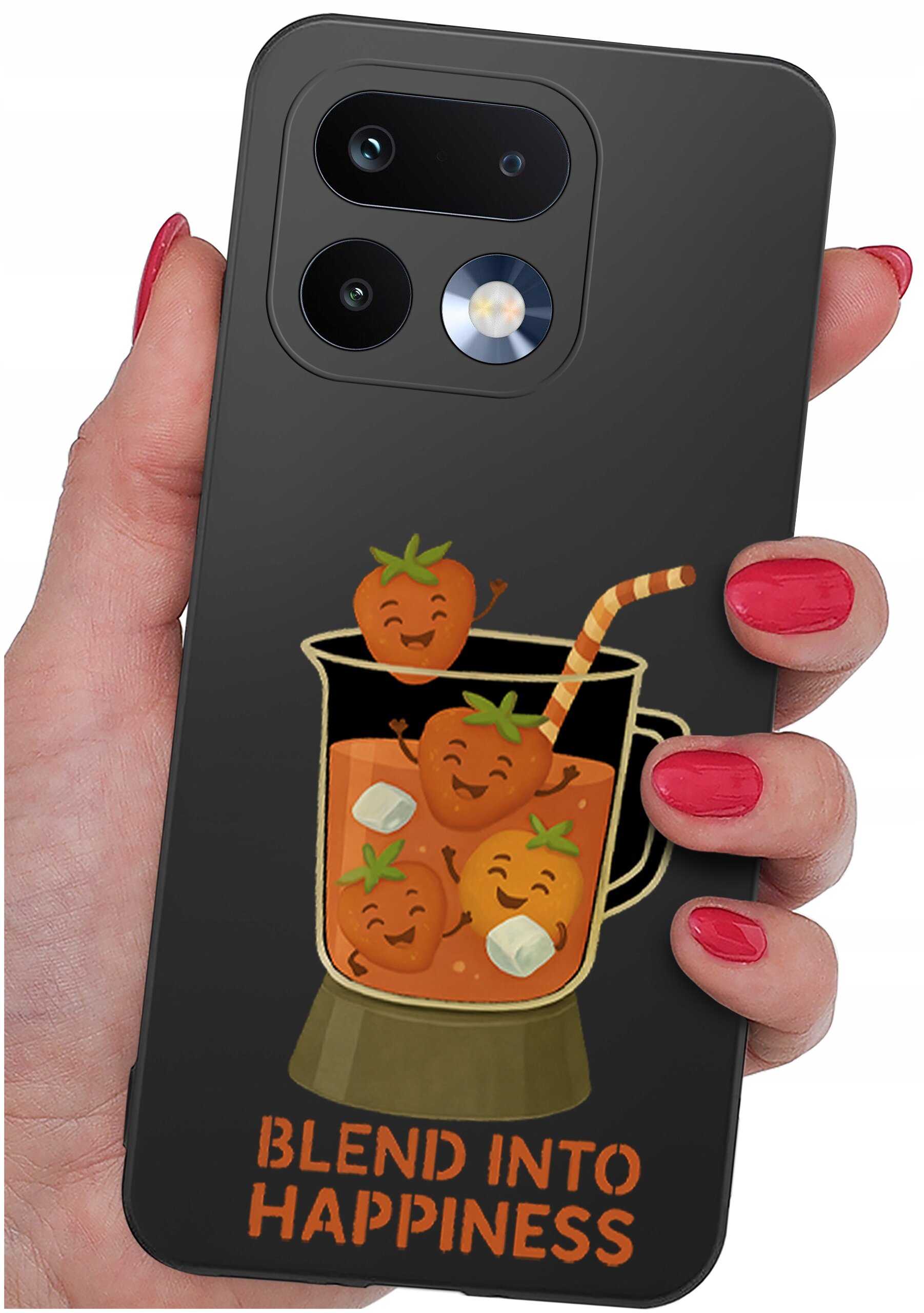 Czarne etui na telefon z grafiką przedstawiającą uśmiechnięte truskawki w blenderze oraz napis \'BLEND INTO HAPPINESS\'.