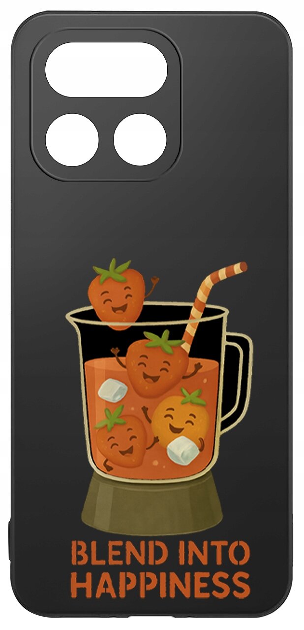 Czarne etui z grafiką przedstawiającą uśmiechnięte truskawki w blenderze z napisem \'BLEND INTO HAPPINESS\'.