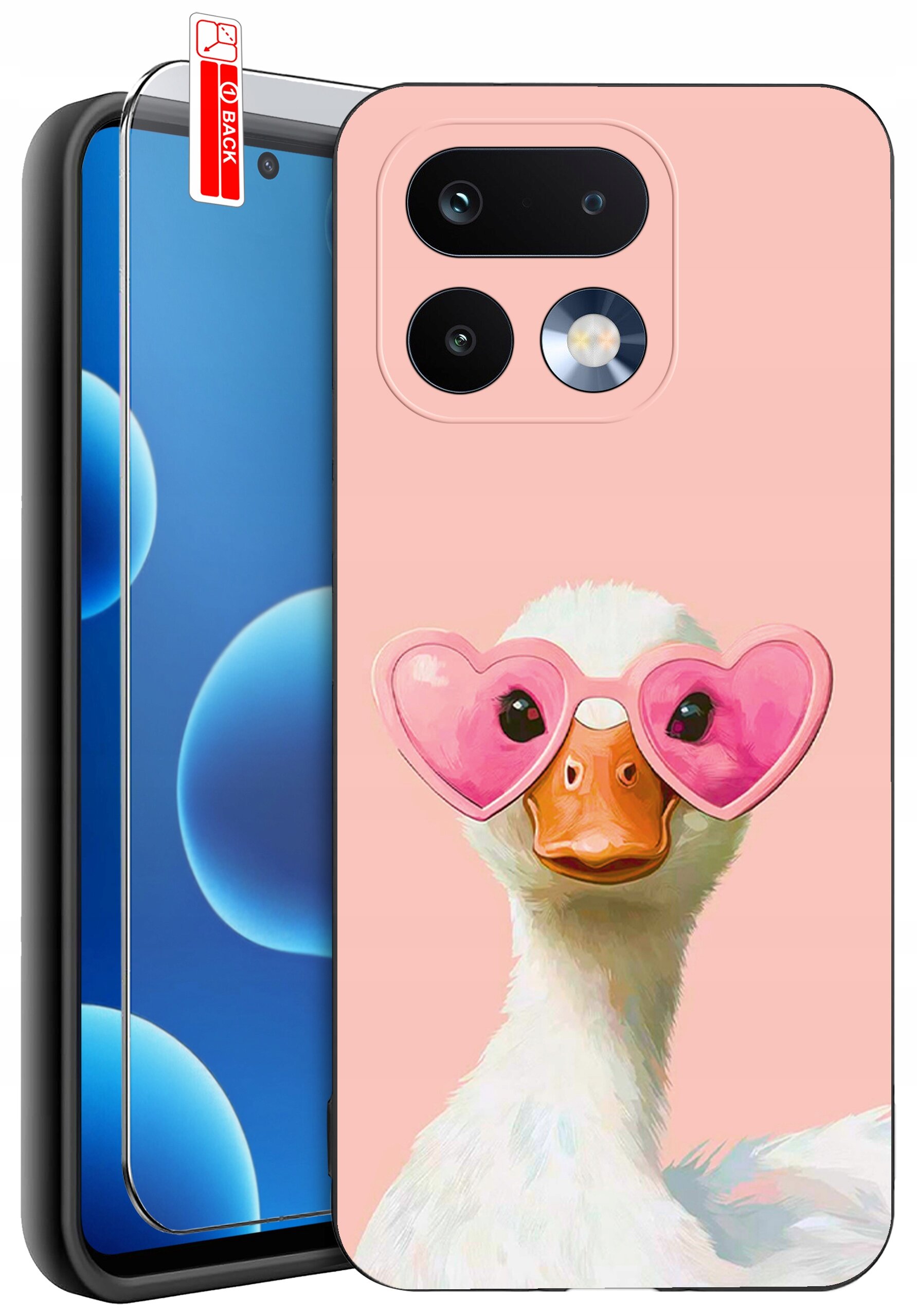 Etui na telefon z nadrukiem kaczki w różowych okularach w kształcie serc. Obok znajduje się szkło ochronne z oznaczeniem \'BACK\'.