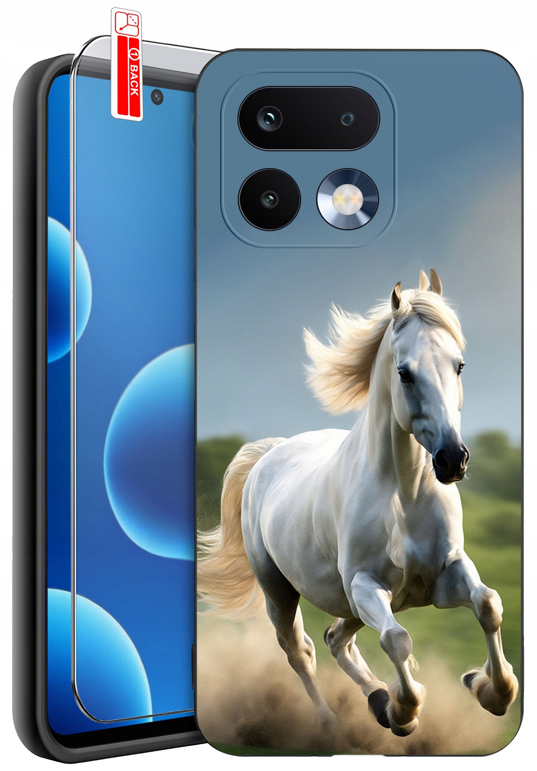 Etui na telefon z nadrukiem galopującego białego konia na tle zielonego krajobrazu. Obok etui znajduje się szkło ochronne z napisem \'BACK\'.