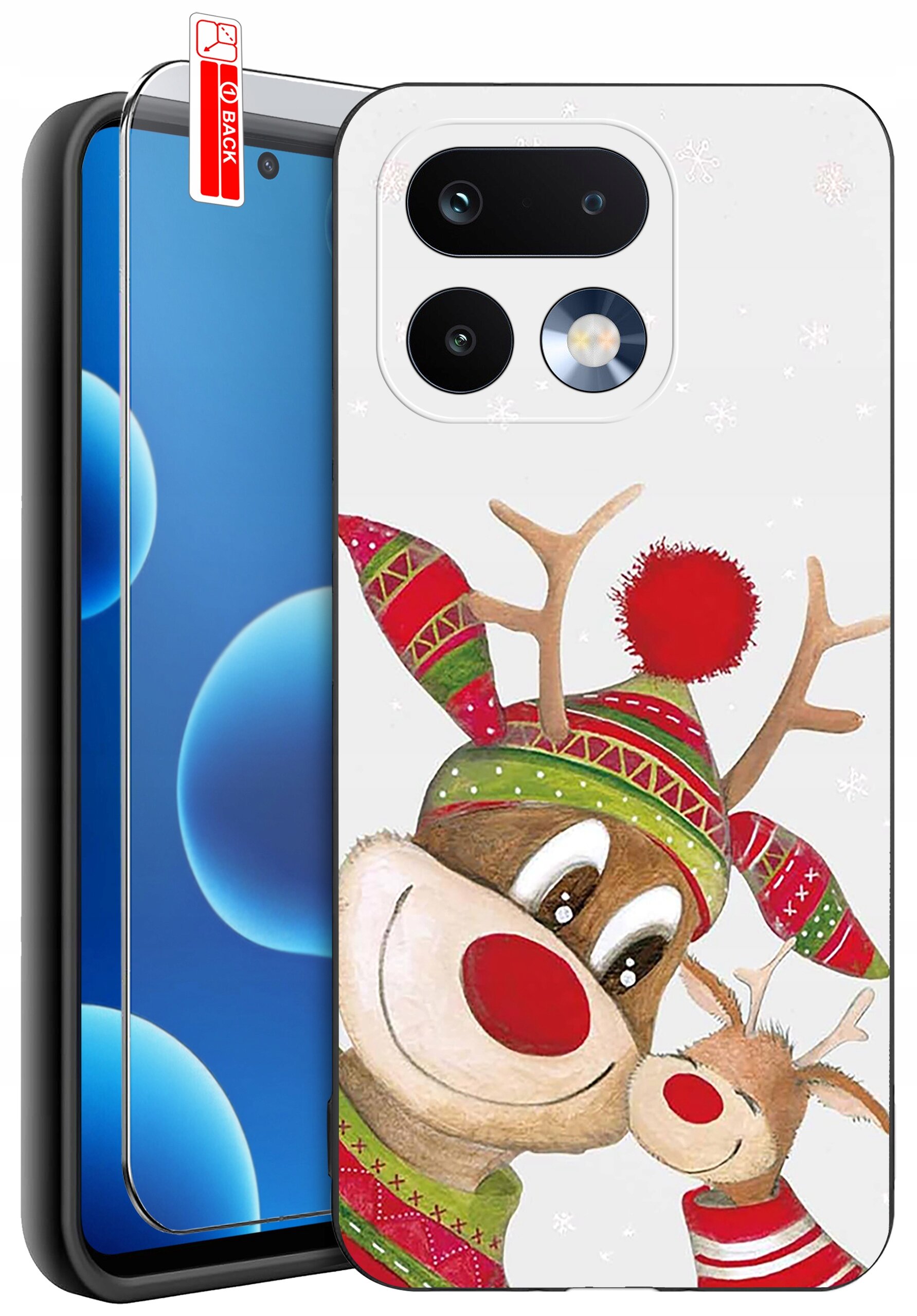 Etui na telefon z motywem renifera w czapce i szaliku, obok mniejszy renifer. Obok etui znajduje się szkło ochronne z napisem \'BACK\'.