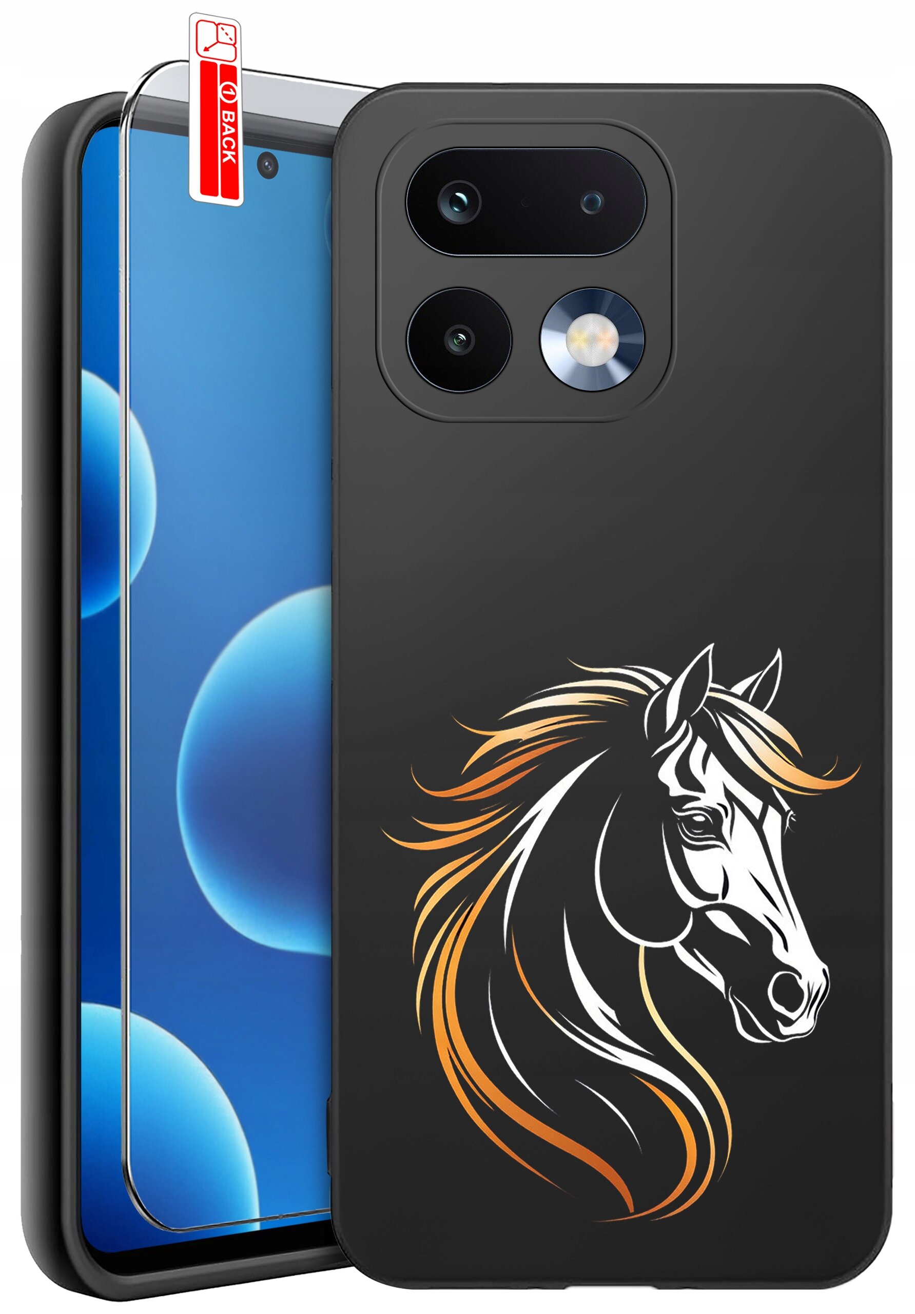 Obraz przedstawia czarne etui na telefon z nadrukiem głowy konia w odcieniach bieli i pomarańczu. Obok etui znajduje się szkło ochronne z napisem \'BACK\'.
