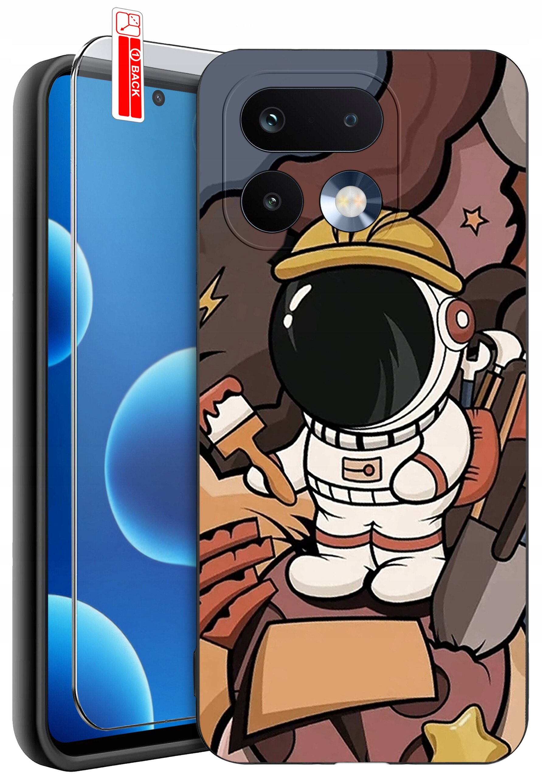 Obraz przedstawia telefon z nałożonym silikonowym etui z grafiką astronauty w kasku, trzymającego pędzel i łopatę. Obok telefonu znajduje się szkło ochronne z oznaczeniem \'BACK\'.