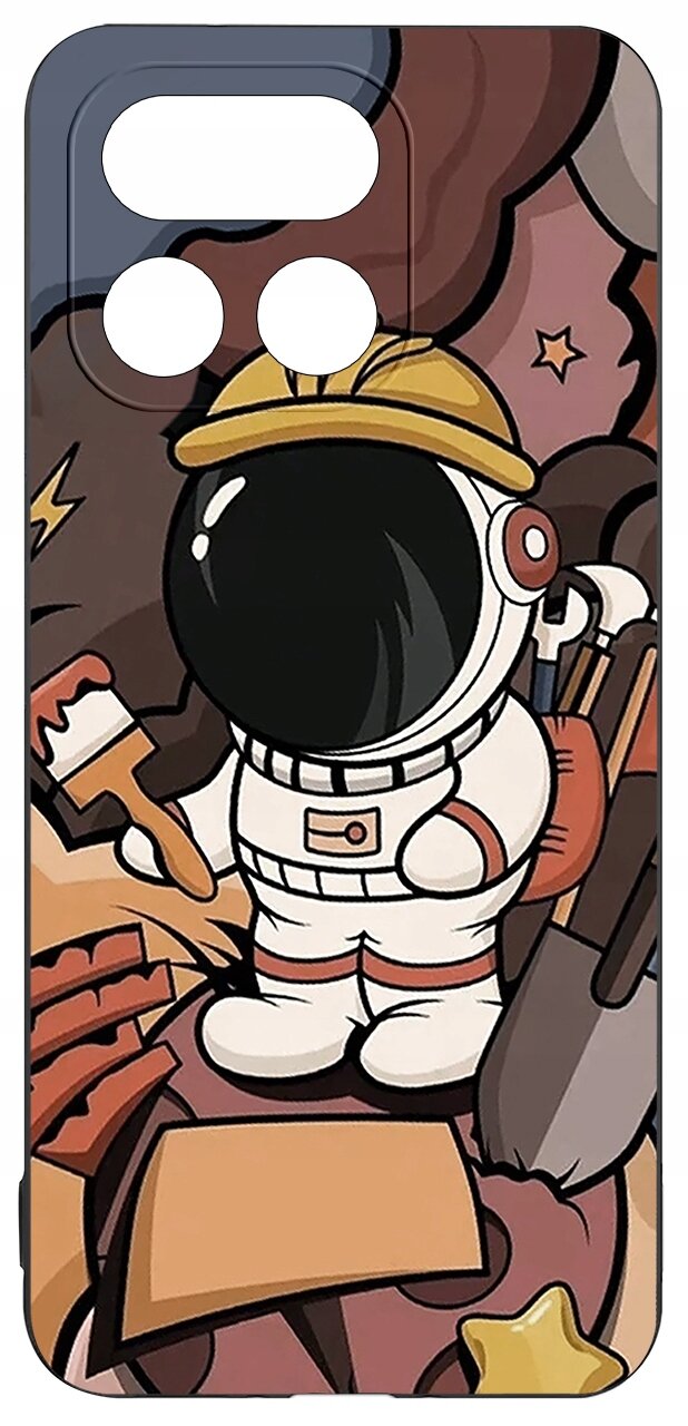 Etui z kolorowym wzorem przedstawiającym astronautę w kasku, trzymającego pędzel, na tle kosmicznego krajobrazu z gwiazdami i planetami.