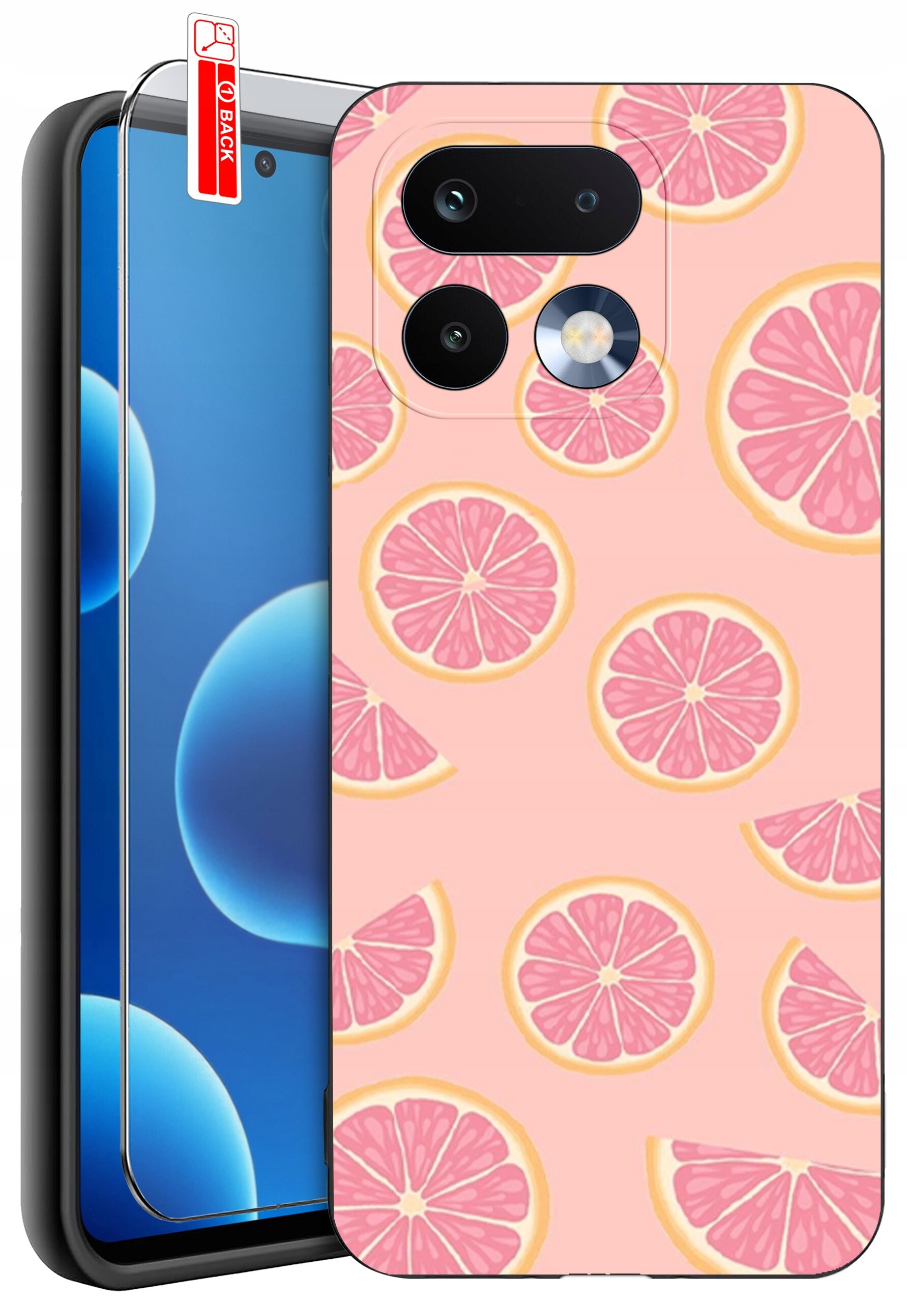 Obraz przedstawia telefon z nałożonym silikonowym etui o wzorze różowych plasterków cytrusów na jasnoróżowym tle. Na ekranie telefonu znajduje się szkło ochronne z napisem \'BACK\'.