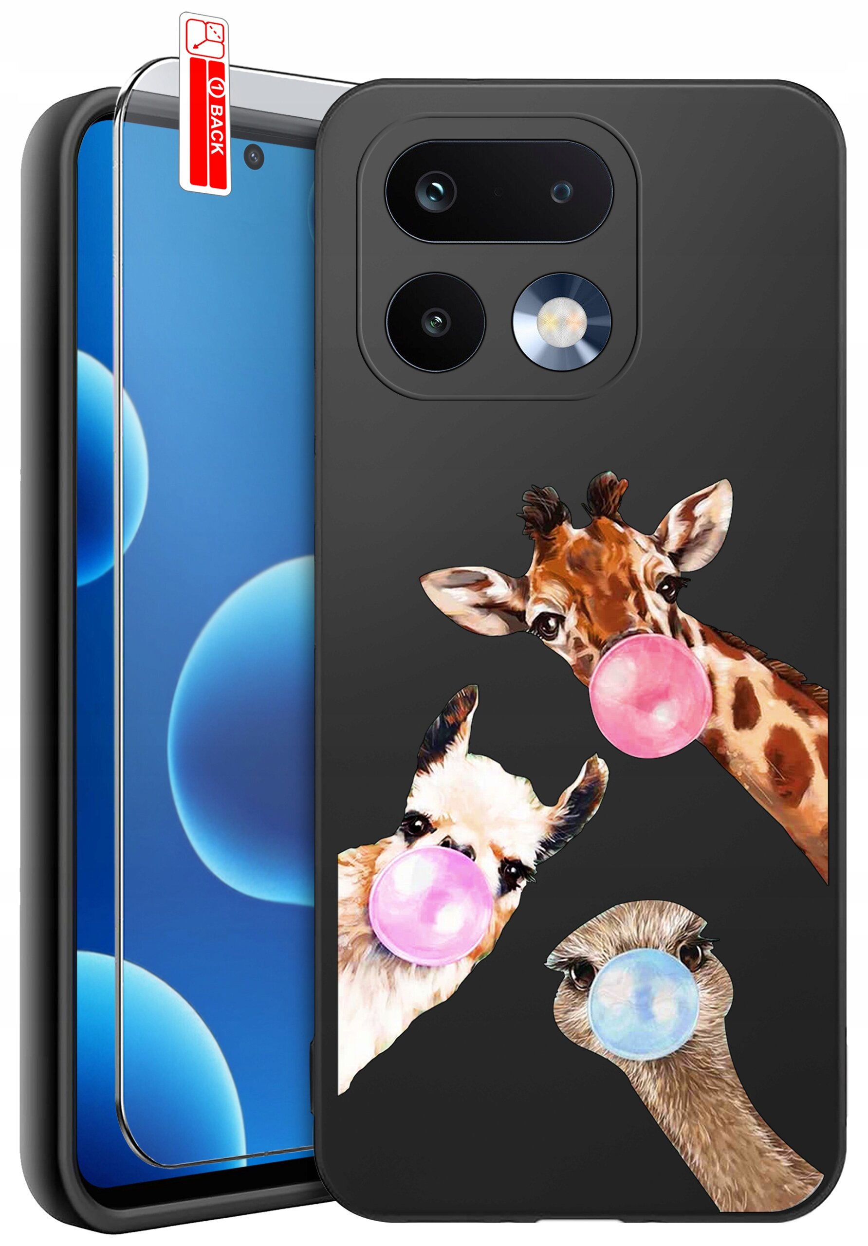 Etui na telefon z trzema zwierzętami dmuchającymi różnokolorowe balony z gumy do żucia. Obok etui znajduje się szkło ochronne z napisem \'BACK\'.