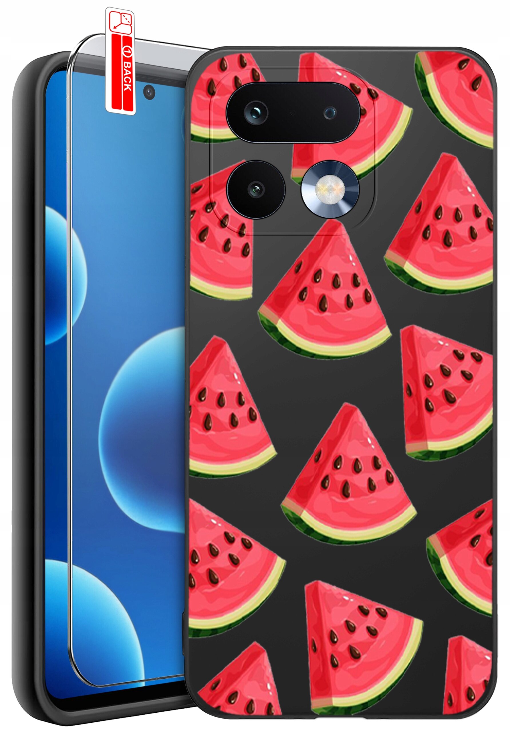 Etui na telefon z wzorem kawałków arbuza na czarnym tle, obok znajduje się szkło ochronne z napisem \'BACK\'.