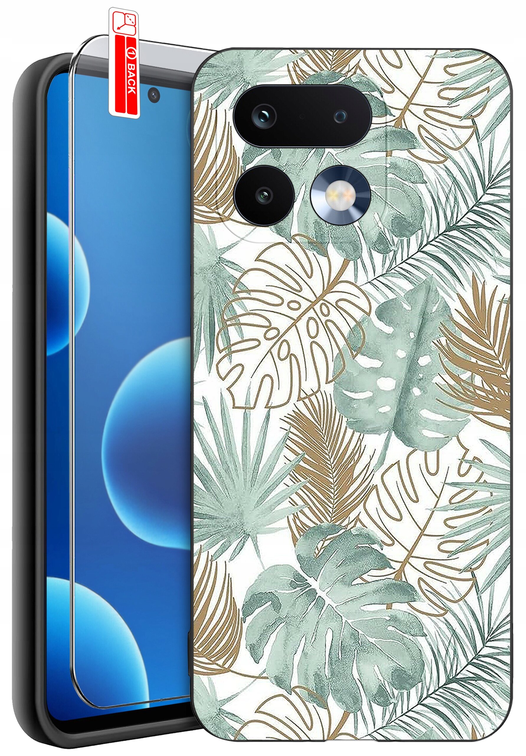 Etui na telefon z motywem liści w odcieniach zieleni i brązu, obok znajduje się szkło ochronne z napisem \'BACK\'.