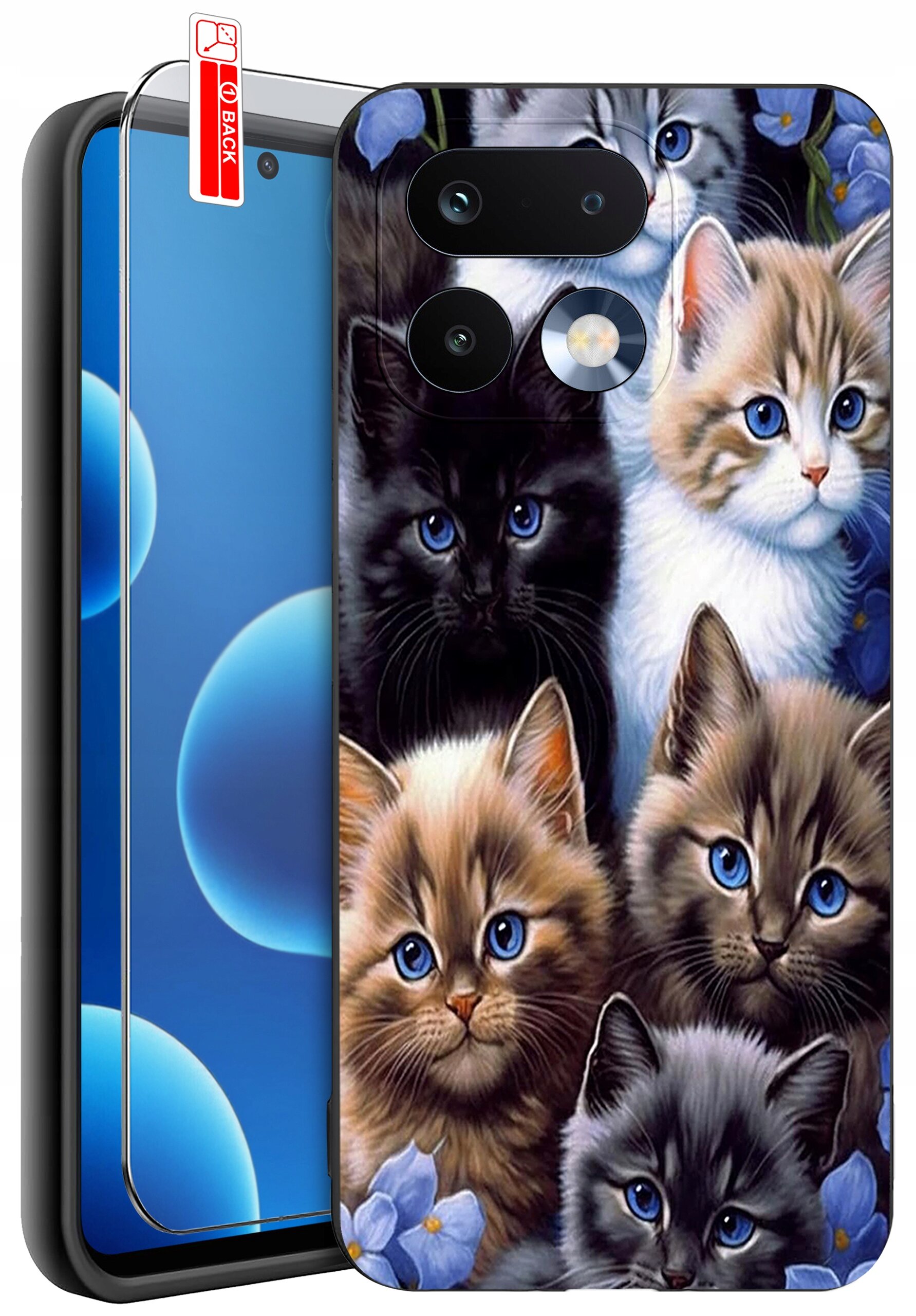 Obraz przedstawia etui na telefon z wzorem przedstawiającym kilka kotów o różnych umaszczeniach. Obok etui znajduje się szkło ochronne z etykietą \'BACK\'.