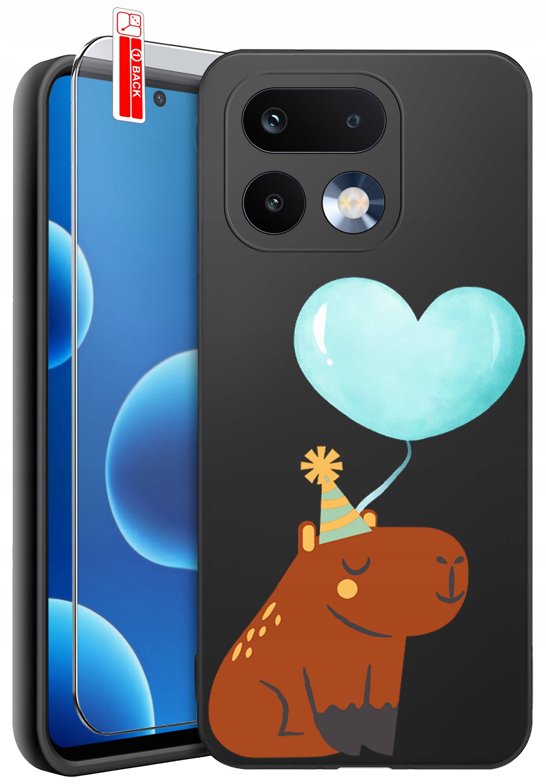 Etui na telefon z grafiką przedstawiającą brązowe zwierzę w czapce imprezowej oraz niebieski balon w kształcie serca. Obok etui znajduje się szkło ochronne z oznaczeniem \'BACK\'.