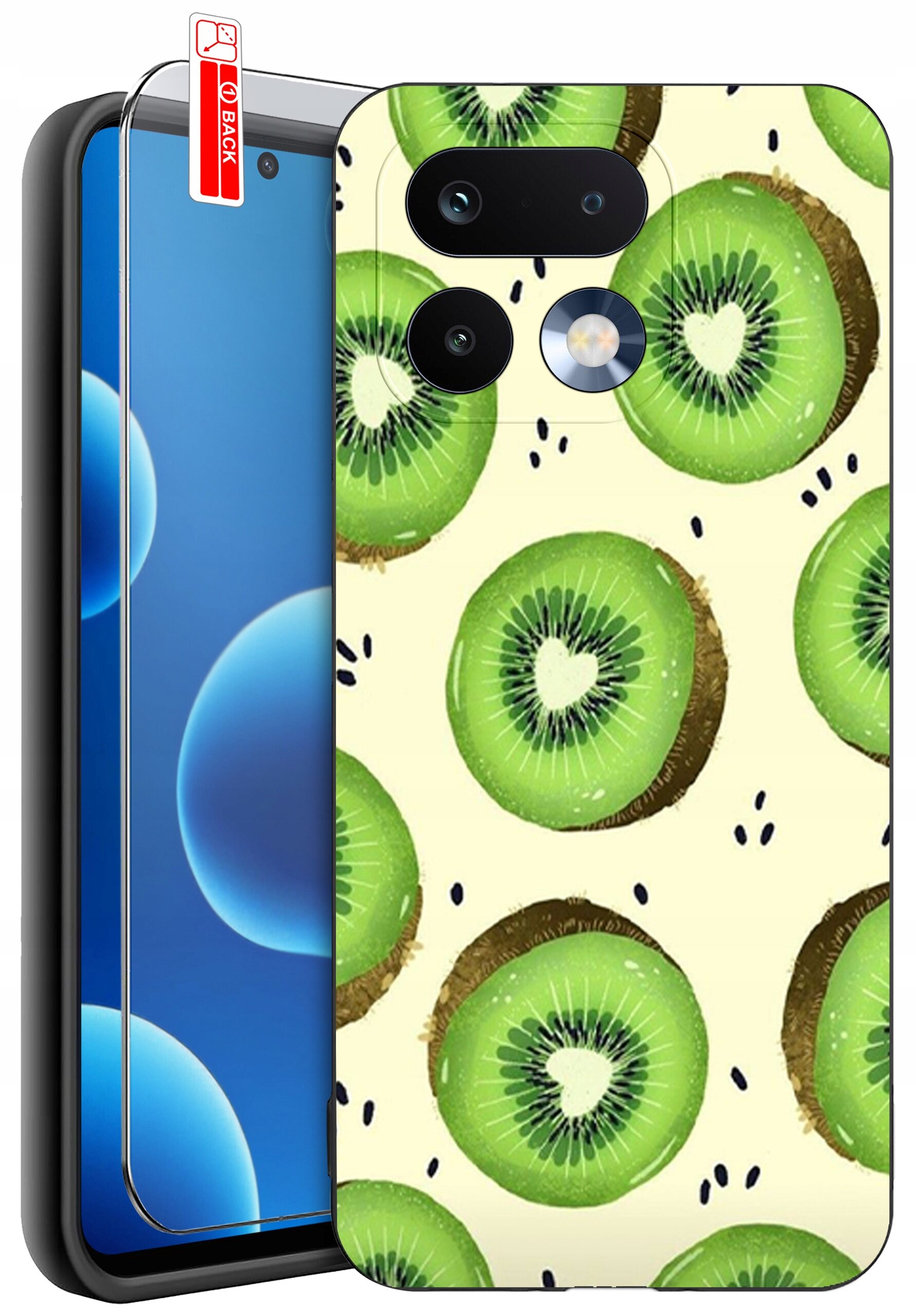 Obraz przedstawia silikonowe etui na telefon z wzorem plasterków kiwi oraz szkło ochronne z napisem \'BACK\'.