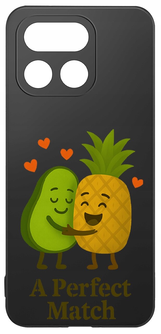 Czarne etui z grafiką przedstawiającą uśmiechnięte awokado i ananasa przytulające się, otoczone małymi serduszkami. Na dole widnieje napis \'A Perfect Match\'.