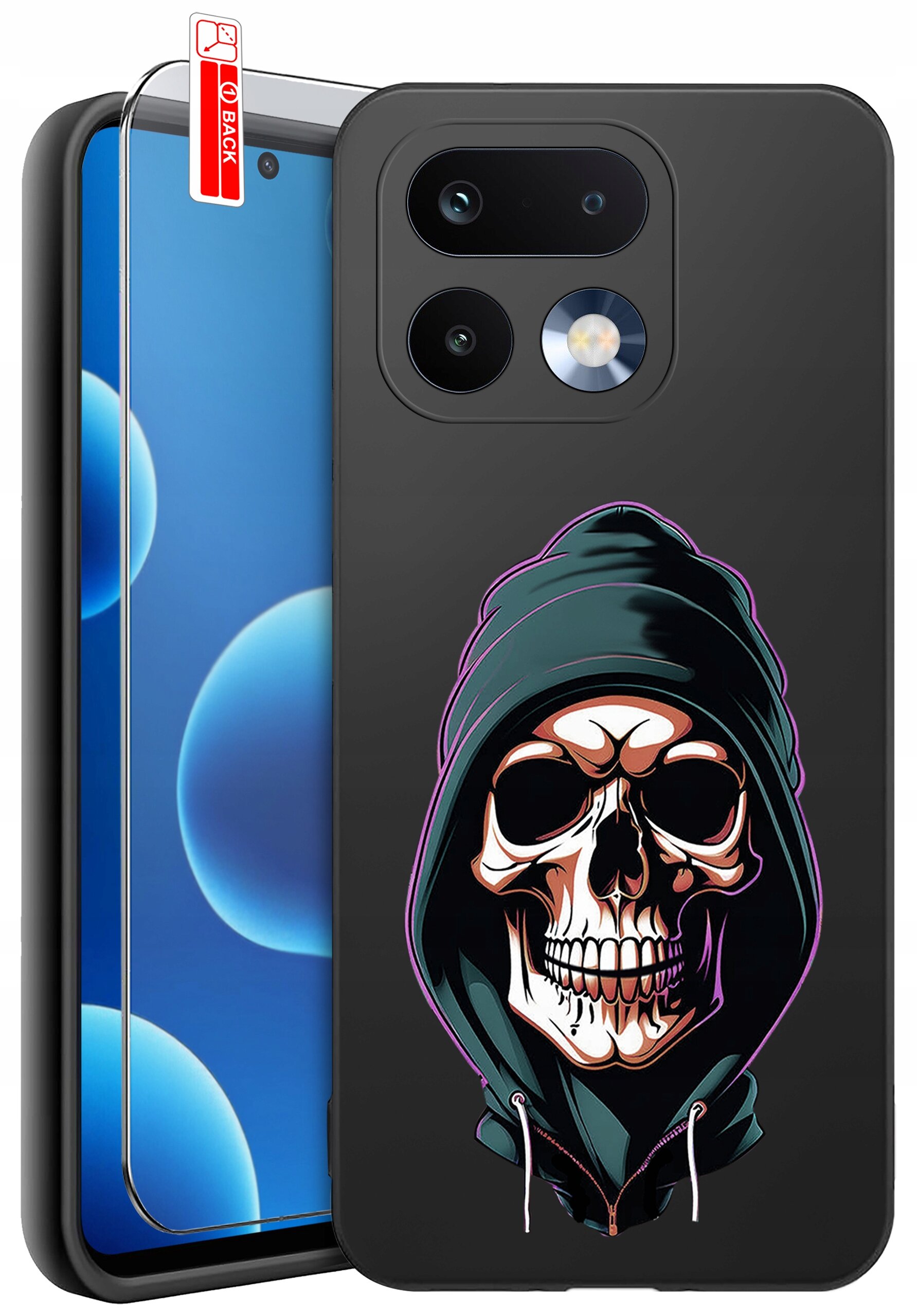 Obraz przedstawia silikonowe etui na telefon z nadrukiem czaszki w kapturze. Obok etui znajduje się szkło ochronne z napisem \'BACK\'.