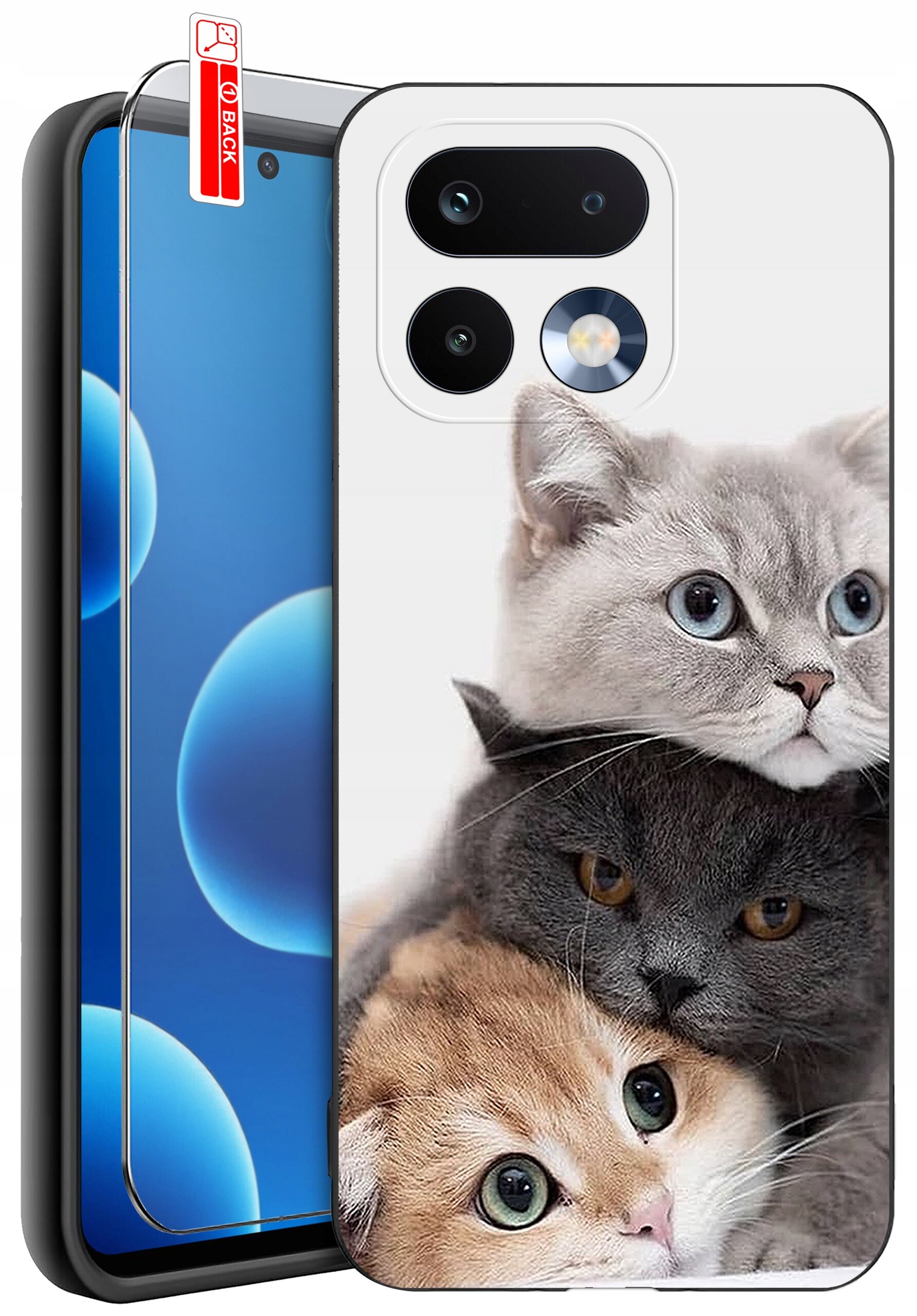 Etui na telefon z nadrukiem trzech kotów, w zestawie z ochronnym szkłem 9H. Na etui widoczne są dwa obiektywy aparatu i lampa błyskowa.