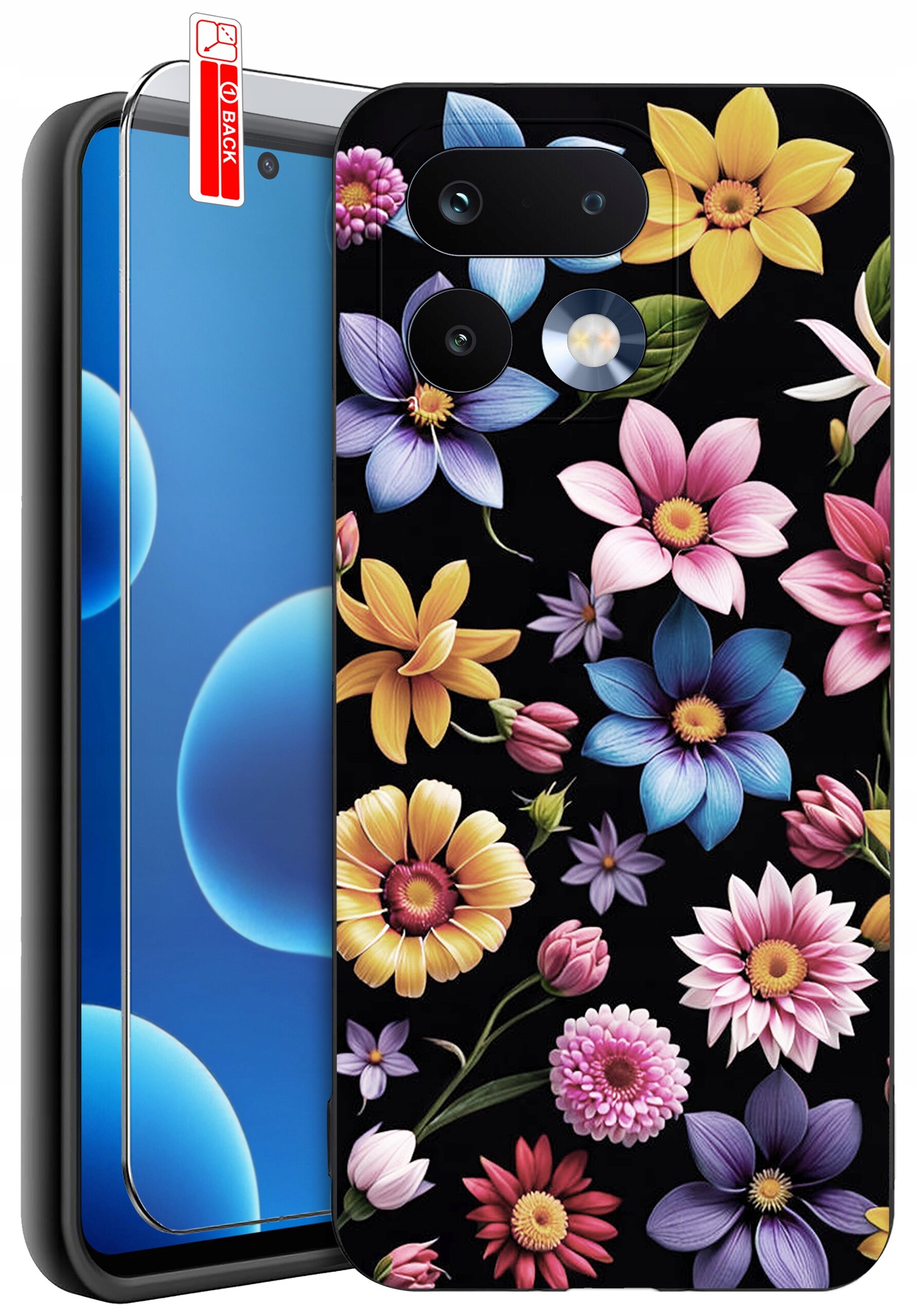 Obraz przedstawia silikonowe etui na telefon z kolorowym wzorem kwiatów na czarnym tle oraz szkło ochronne z napisem \'BACK\'.