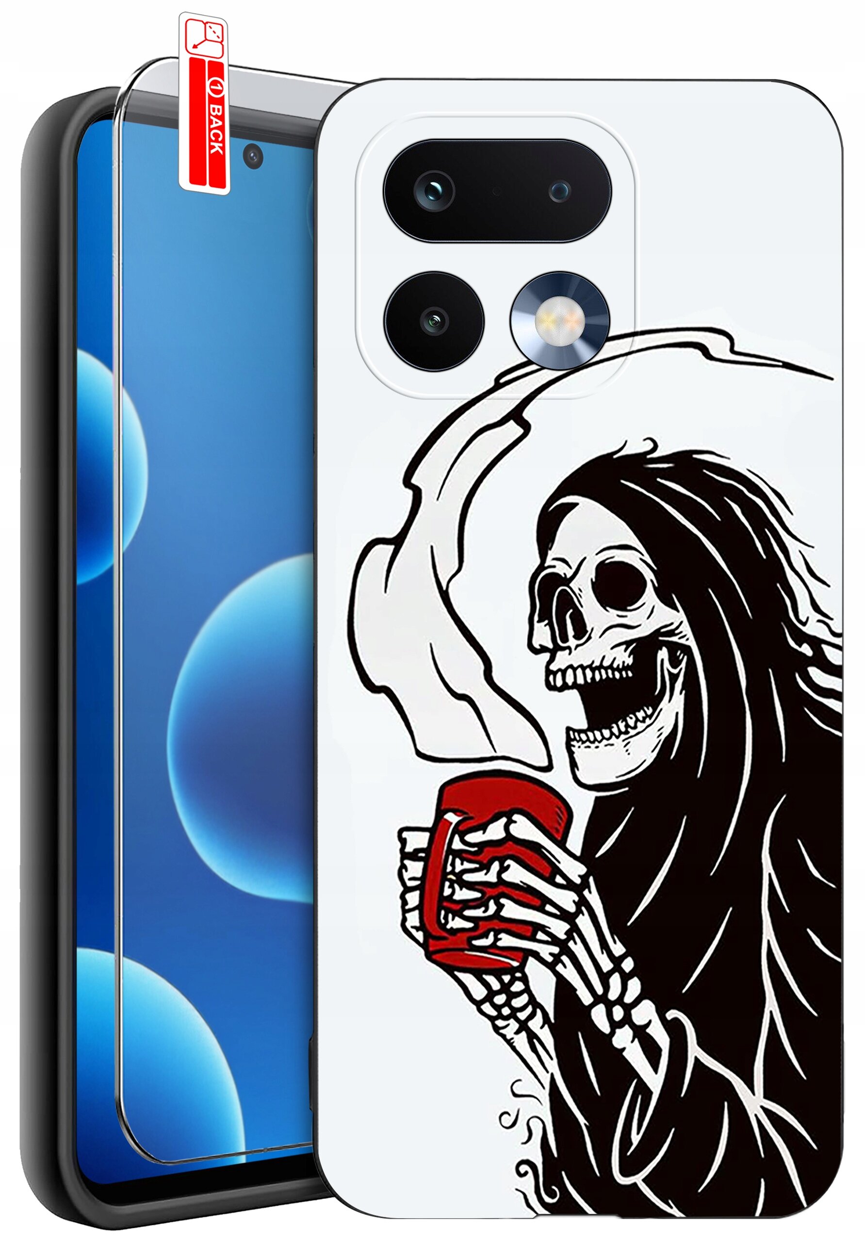 Etui na telefon z nadrukiem szkieletu trzymającego czerwony kubek, obok znajduje się szkło ochronne z oznaczeniem \'BACK\'.