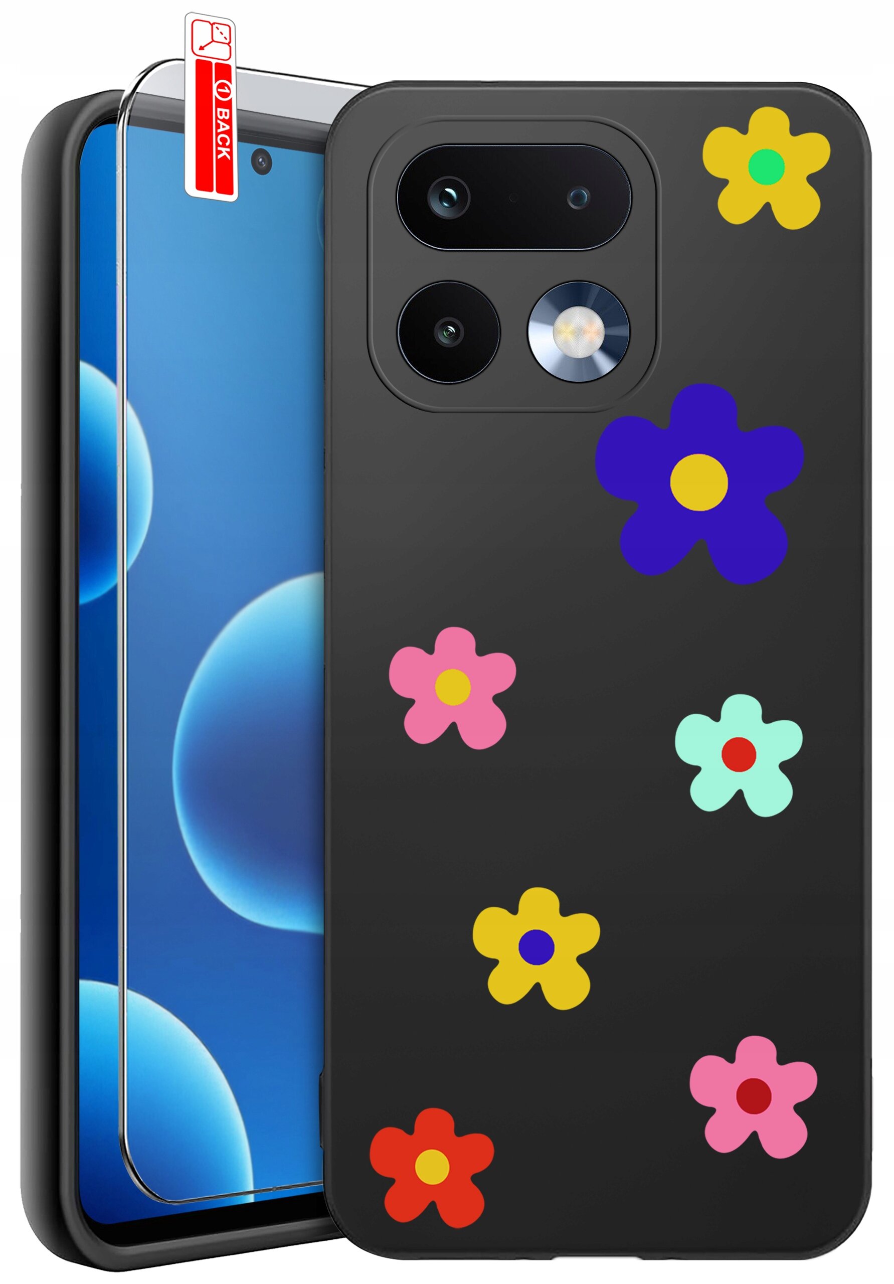 Czarne etui na telefon z kolorowymi kwiatkami oraz szkło ochronne z napisem \'BACK\'.