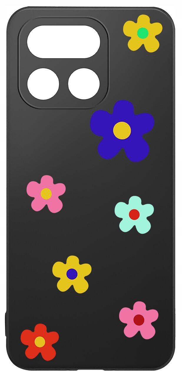 Czarne etui na telefon z kolorowymi kwiatowymi wzorami w różnych kolorach, w tym żółtym, różowym, niebieskim i czerwonym. Etui ma wycięcia na aparat i inne elementy telefonu.