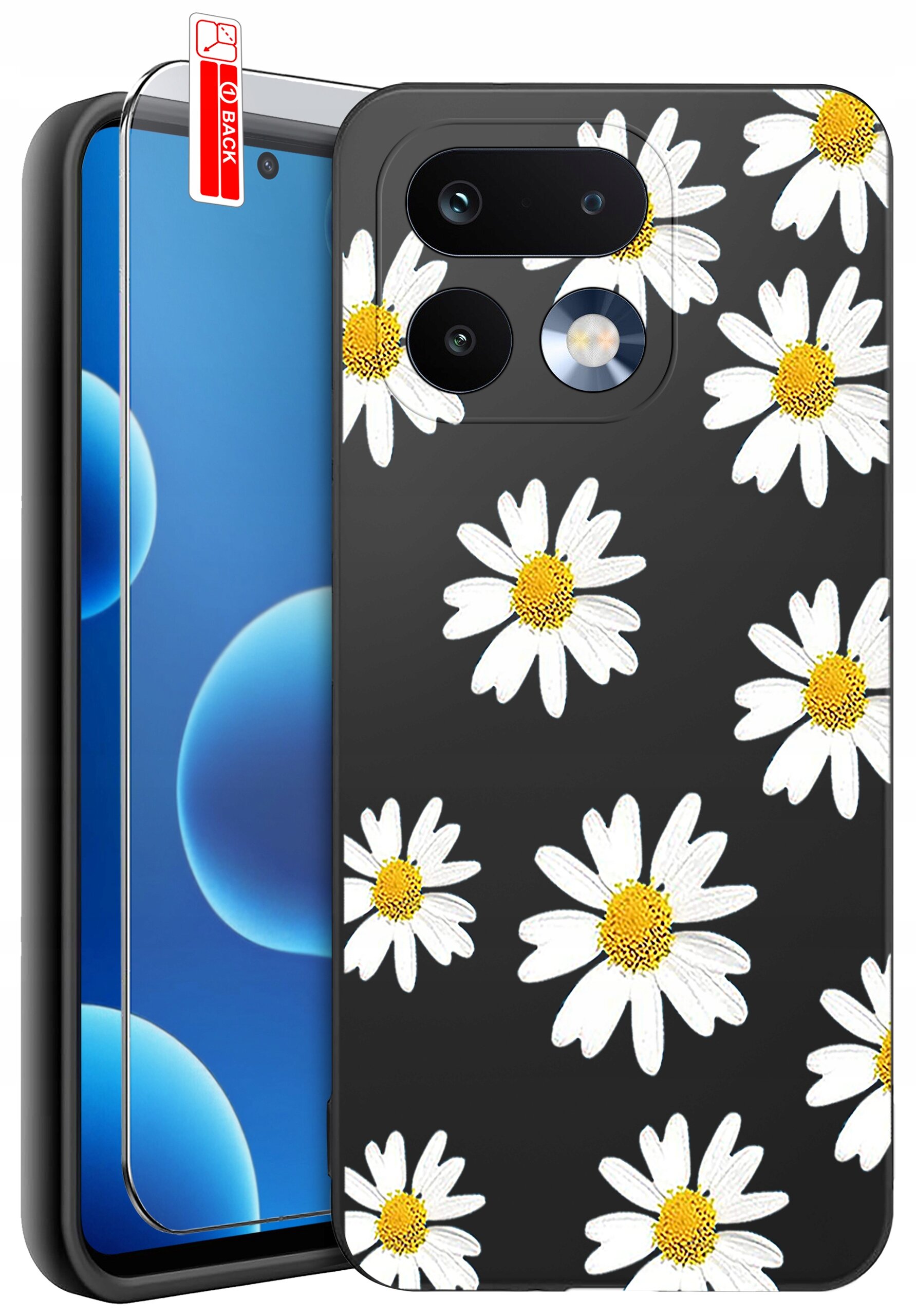 Na obrazie widoczne jest czarne etui na telefon z wzorem białych stokrotek z żółtymi środkami. Obok etui znajduje się szkło ochronne z napisem \'BACK\'.