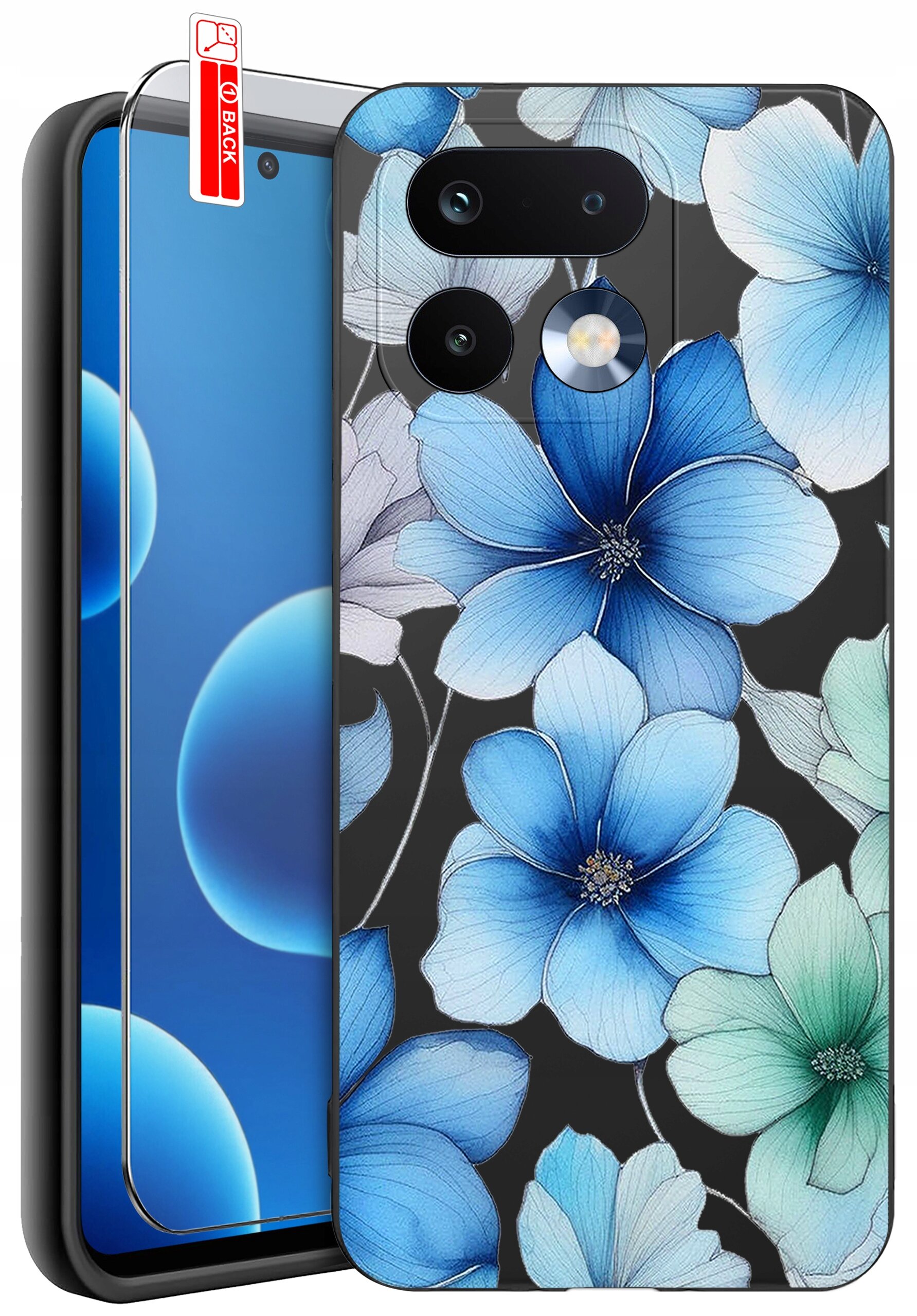 Obraz przedstawia silikonowe etui na telefon z wzorem niebieskich i zielonych kwiatów oraz szkło ochronne z napisem \'BACK\'.