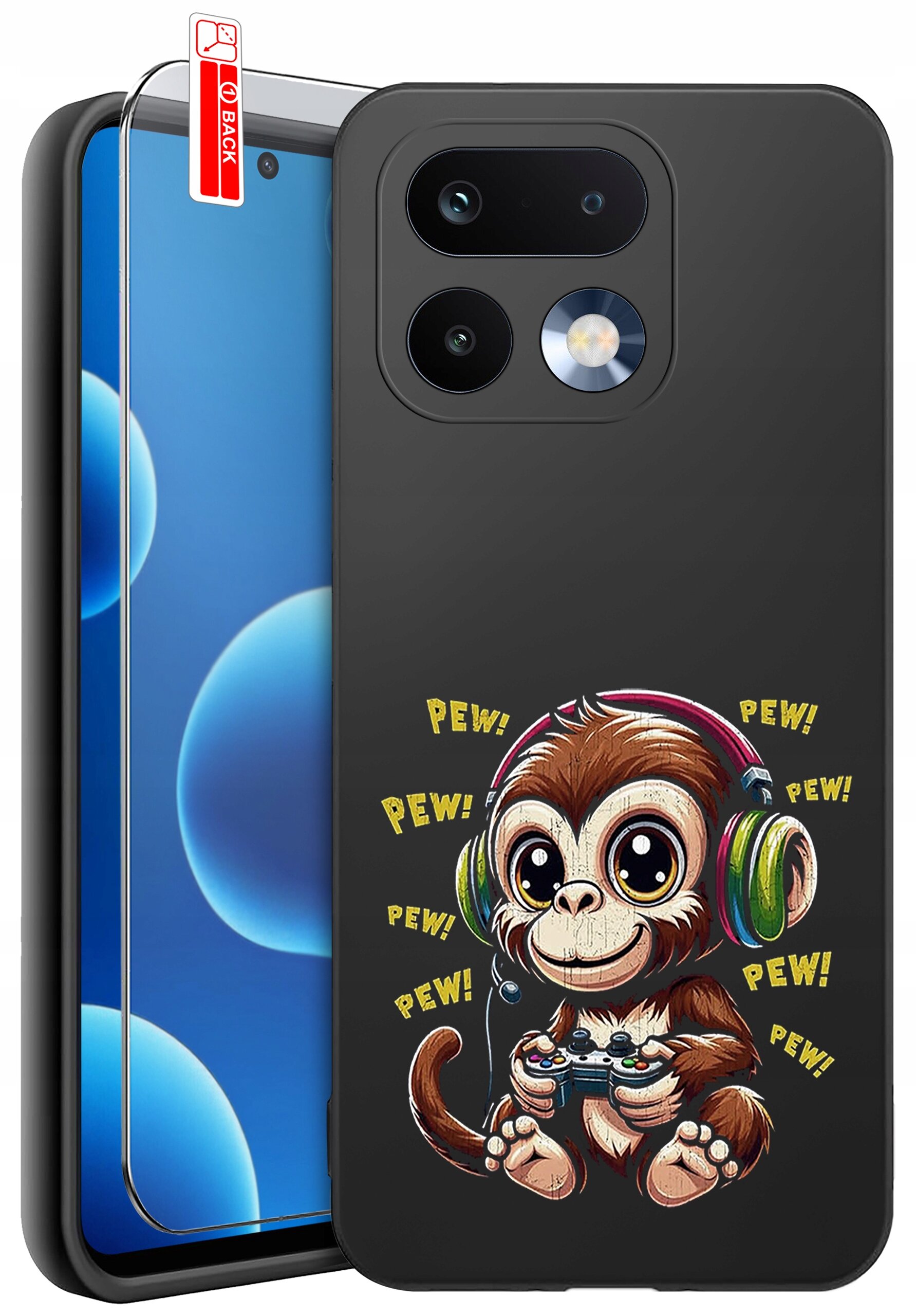 Czarne etui na telefon z kolorowym nadrukiem małpki w słuchawkach trzymającej kontroler do gier, otoczonej napisem \'PEW!\'. Obok etui znajduje się szkło ochronne z oznaczeniem \'BACK\'.