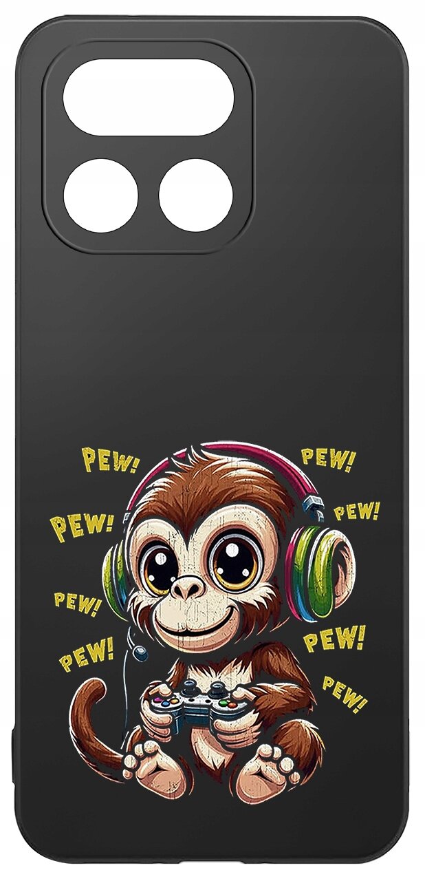 Czarne etui z nadrukiem małpy w słuchawkach trzymającej kontroler do gier, otoczonej napisami \'PEW!\'.