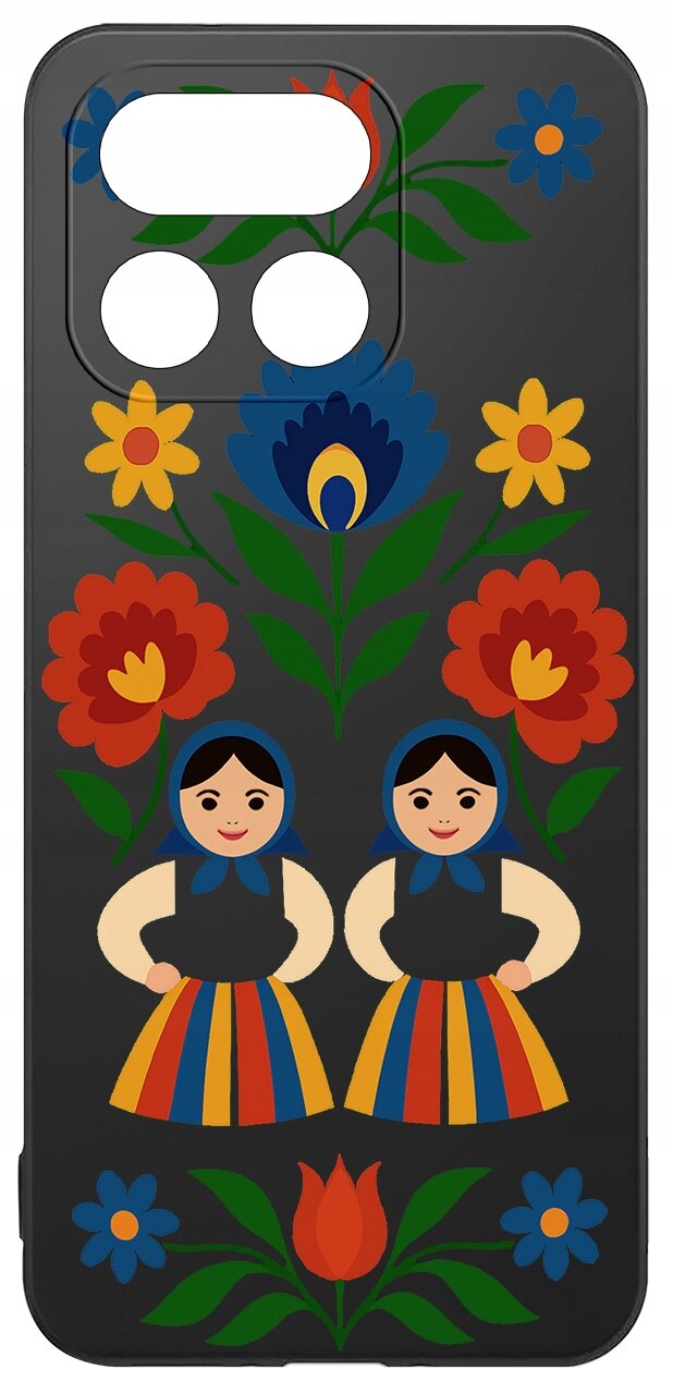 Etui na telefon z kolorowym wzorem ludowym, przedstawiającym dwie postacie w tradycyjnych strojach oraz kwiatowe motywy w żywych kolorach na czarnym tle.