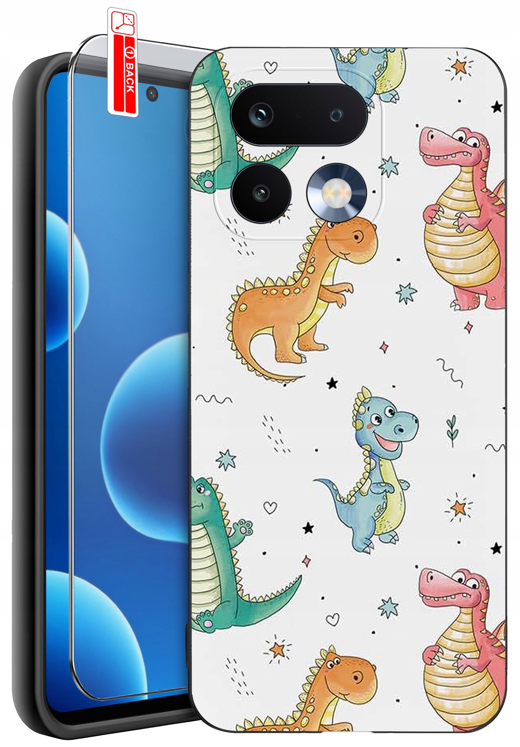 Etui na telefon z kolorowymi wzorami dinozaurów oraz szkło ochronne z napisem \'BACK\'.