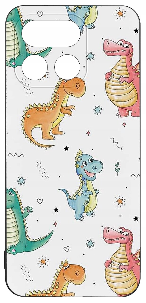 Etui na telefon z kolorowym wzorem przedstawiającym uśmiechnięte dinozaury w różnych kolorach na jasnym tle. Wzór zawiera także małe gwiazdki i serduszka.