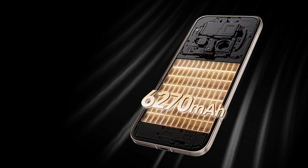 Obraz przedstawia smartfon z widocznym wnętrzem, na którym wyeksponowano baterię z napisem \'6270 mAh\'.