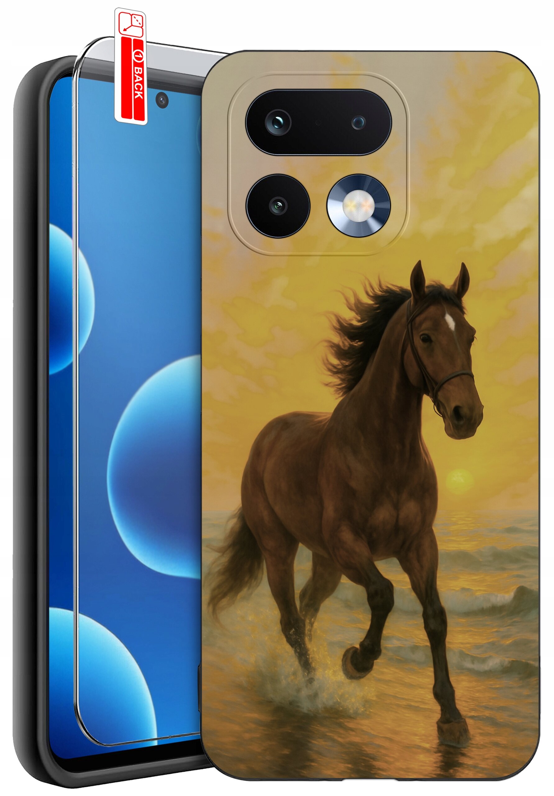 Etui na telefon z nadrukiem konia biegnącego po wodzie na tle zachodzącego słońca. Obok etui znajduje się szkło ochronne z napisem \'BACK\'.