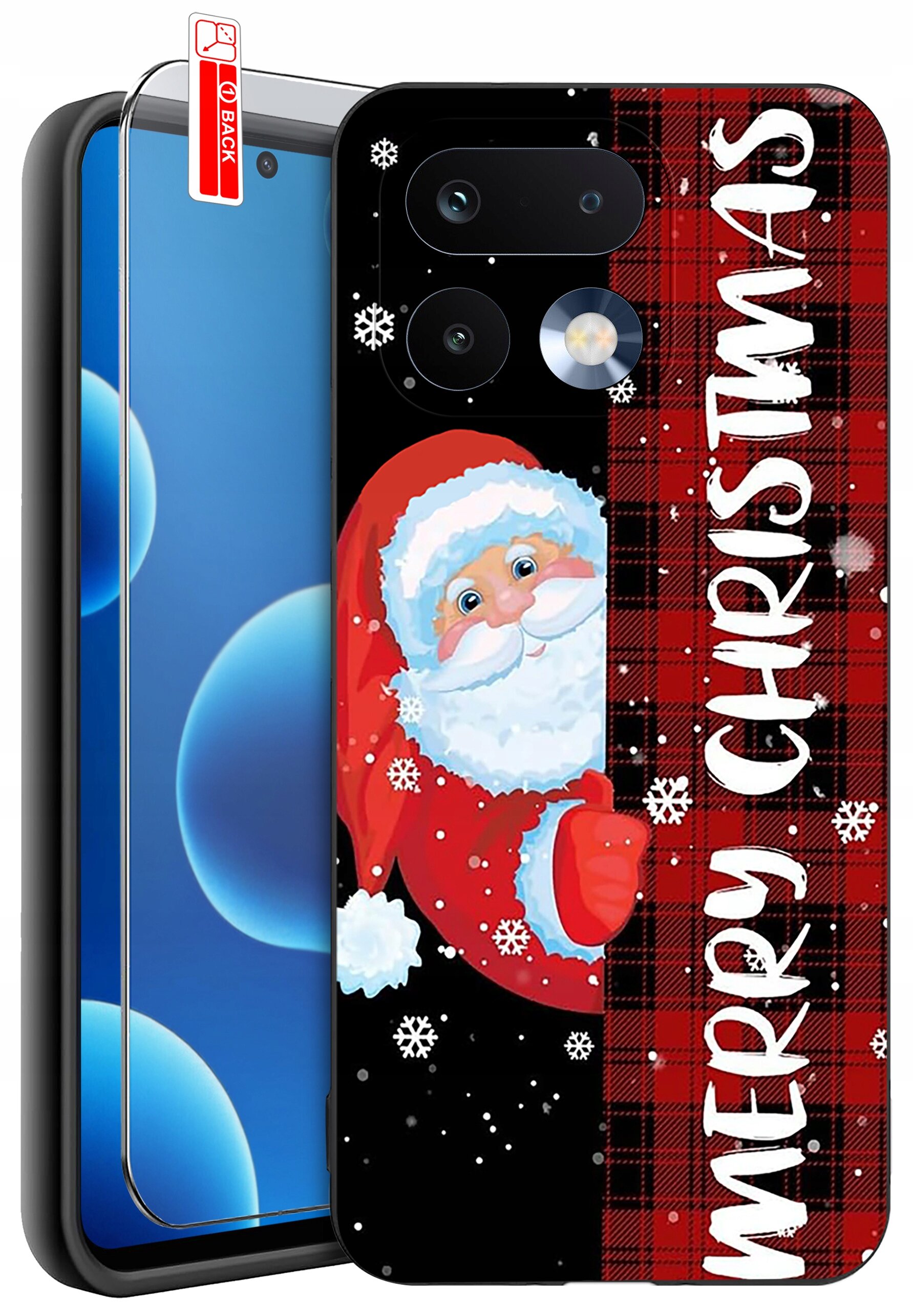 Etui na telefon z motywem świątecznym przedstawiające Mikołaja na tle czarno-czerwonej kratki z napisem \'MERRY CHRISTMAS\'. Obok etui znajduje się szkło ochronne z oznaczeniem \'BACK\'.