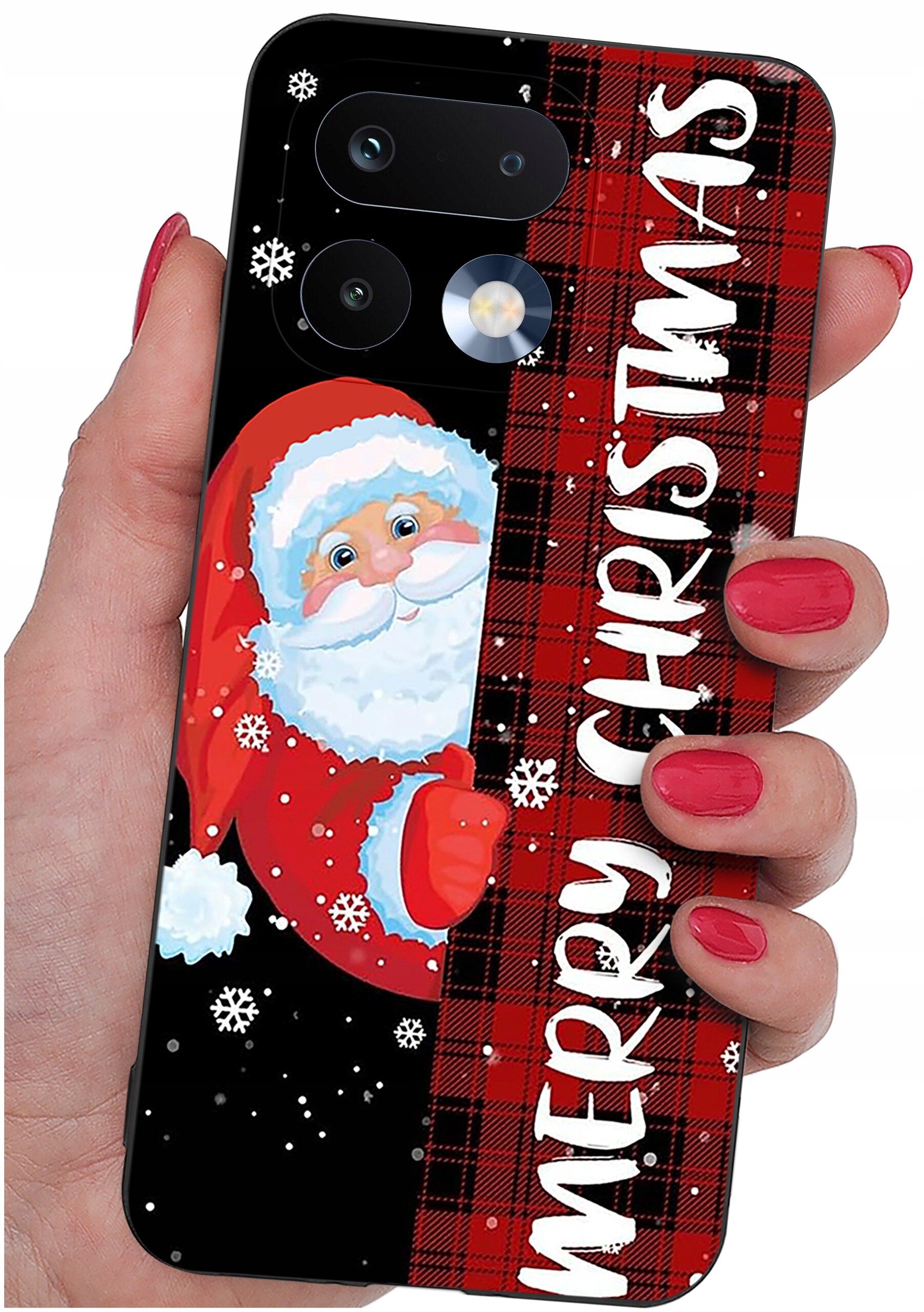 Etui na telefon z motywem świątecznym przedstawiające Mikołaja na tle czerwono-czarnej kratki z napisem \'MERRY CHRISTMAS\'.