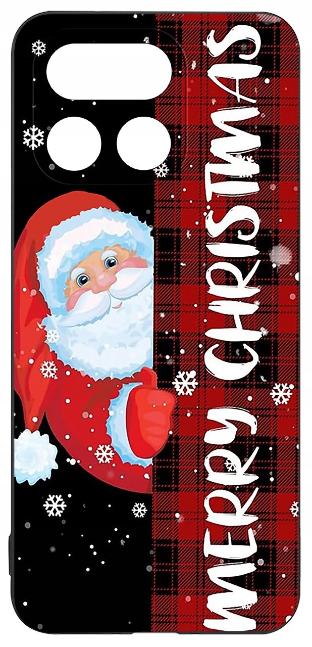 Etui na telefon z wizerunkiem Świętego Mikołaja na tle czerwonej kratki i napisem \'MERRY CHRISTMAS\'.