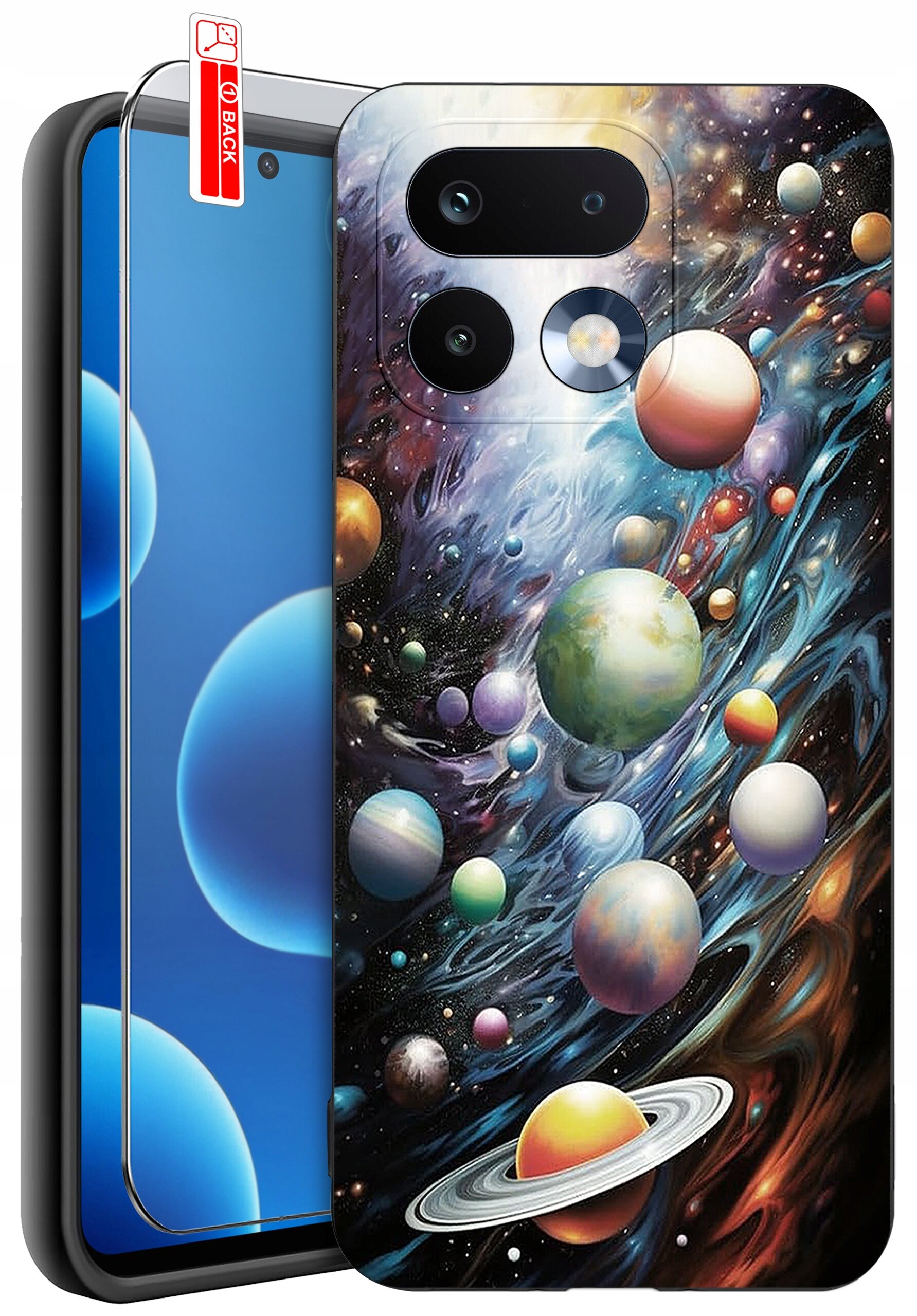 Etui na telefon z kolorowym wzorem przedstawiającym planety w kosmosie. Obok znajduje się szkło ochronne z naklejką \'BACK\'.