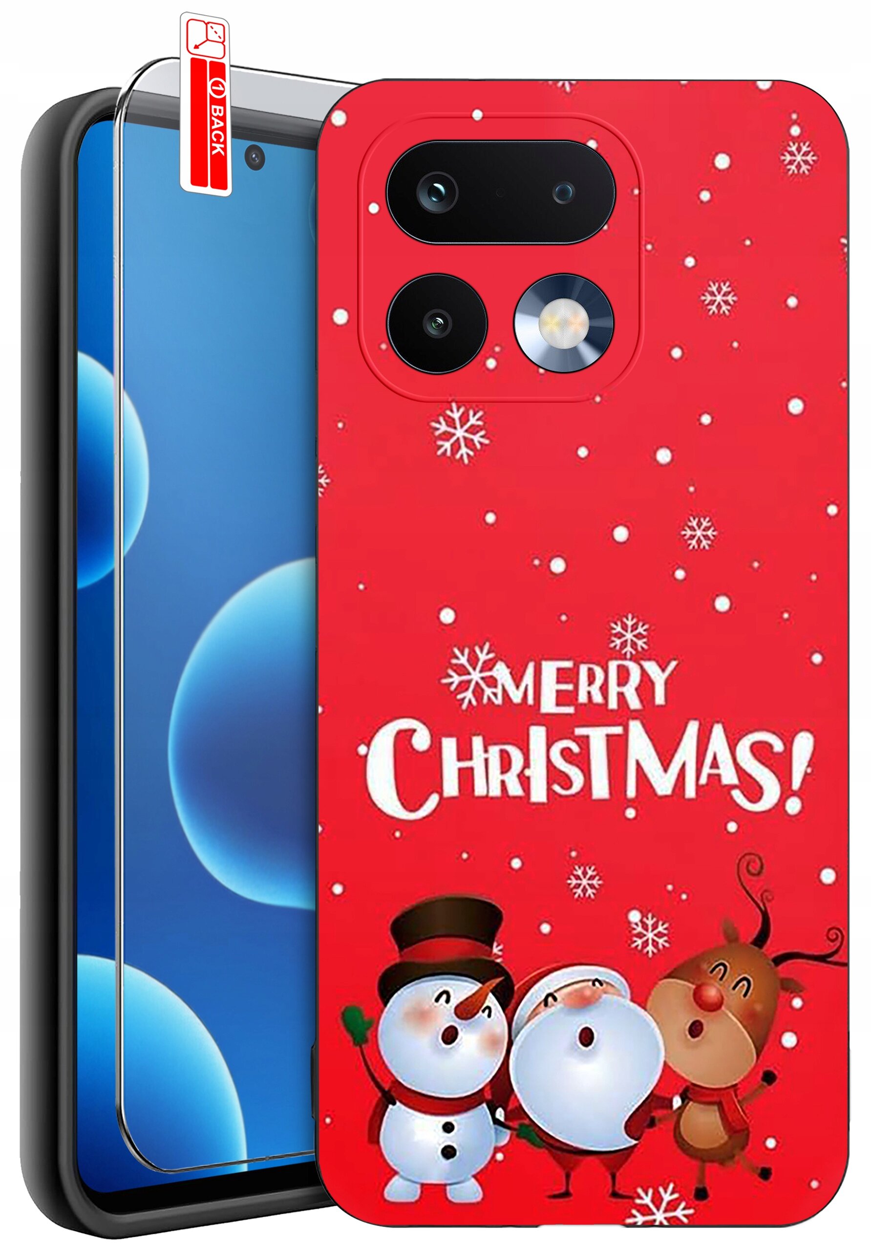 Etui na telefon z czerwonym tłem, ozdobione śnieżynkami i postaciami bałwanka oraz renifera, z napisem \'Merry Christmas!\'. Obok etui znajduje się szkło ochronne z oznaczeniem \'BACK\'.