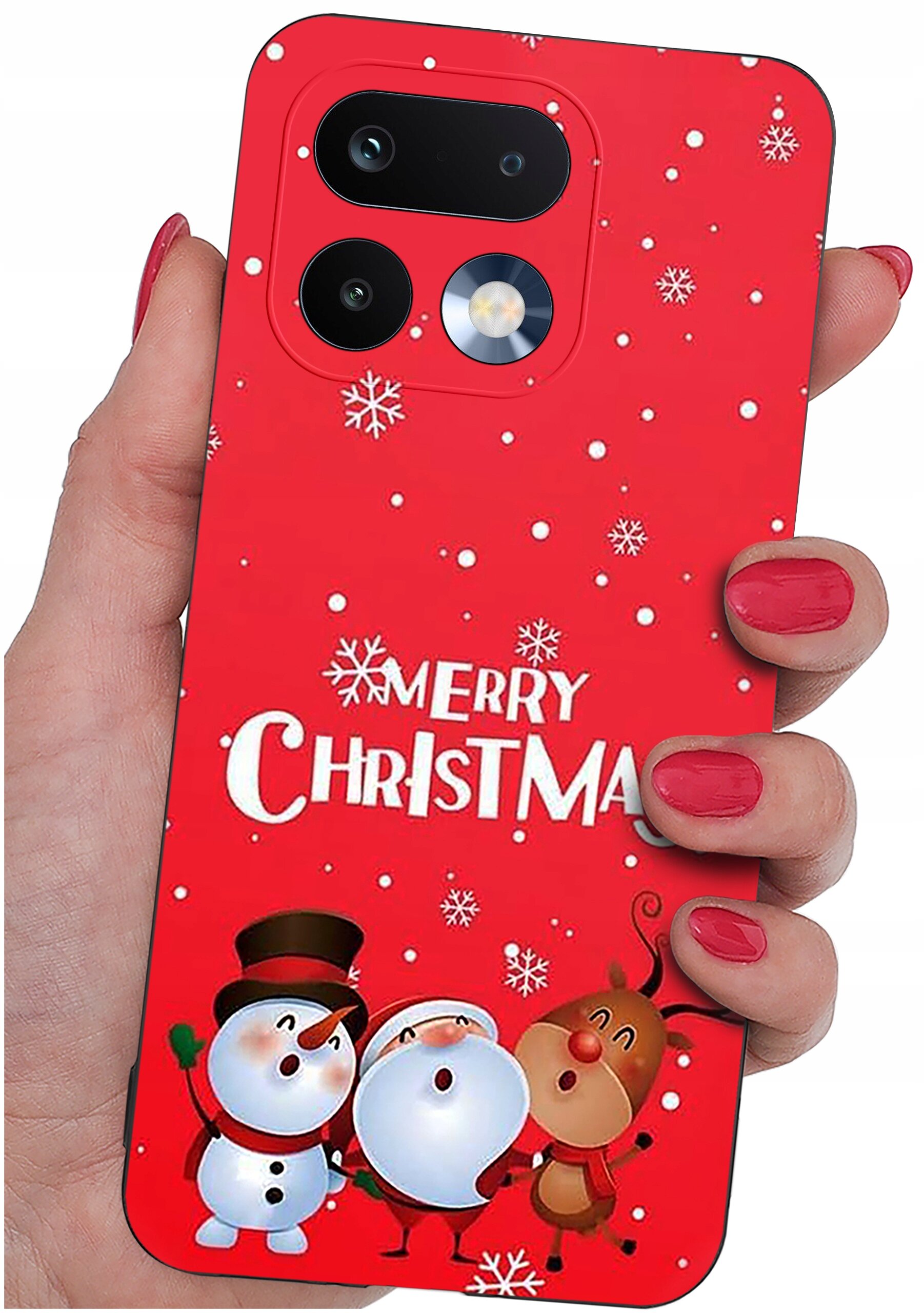 Czerwone etui na telefon z motywem świątecznym, przedstawiające bałwanki i renifera oraz napis \'Merry Christmas\'. Etui trzymane jest w dłoni z pomalowanymi na czerwono paznokciami.