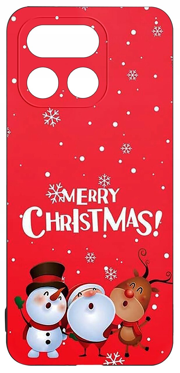 Czerwone etui z nadrukiem trzech postaci świątecznych i napisem \'Merry Christmas!\' otoczonym płatkami śniegu.