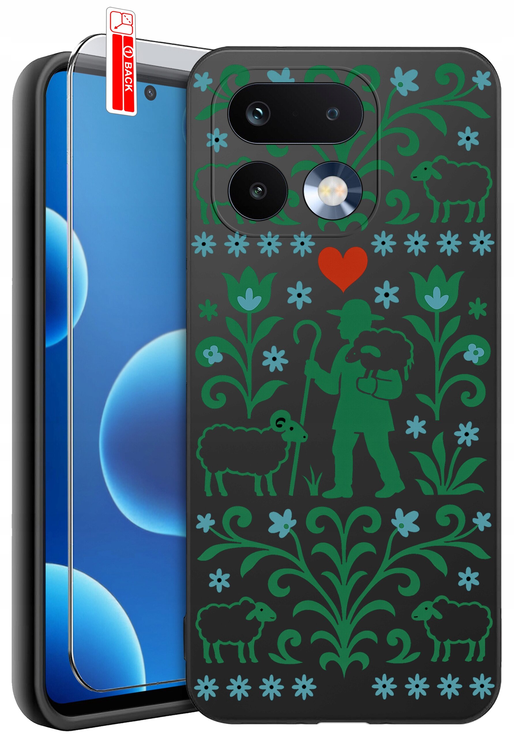 Etui na telefon z wzorem przedstawiającym pasterza z owcami, otoczonego zielonymi roślinami i kwiatami na czarnym tle. Obok etui znajduje się szkło ochronne z naklejką \'BACK\'.