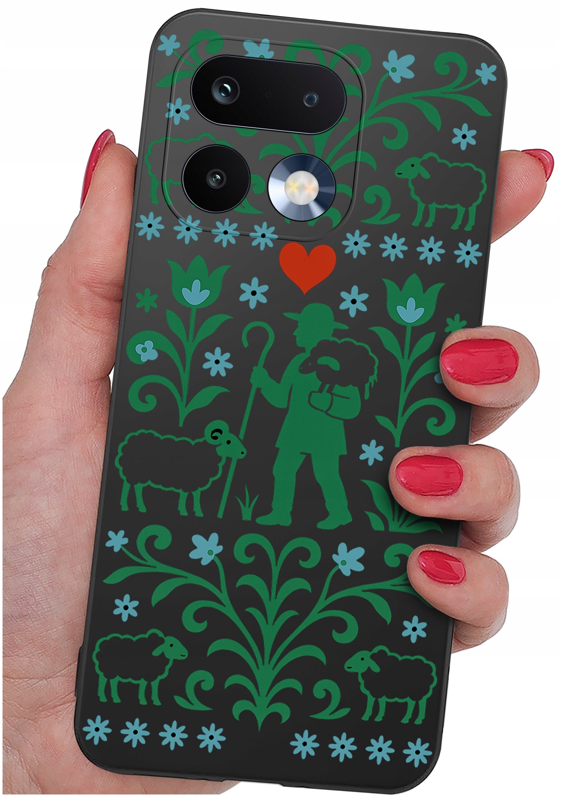 Etui na telefon z wzorem przedstawiającym pasterza z owcami, otoczonego zielonymi roślinami i niebieskimi kwiatami na czarnym tle. Wzór zawiera także czerwone serce nad postacią pasterza.
