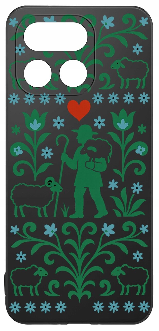 Etui na telefon z czarnym tłem, ozdobione zielonymi wzorami roślinnymi oraz sylwetką pasterza z owcami i czerwonym sercem. Wzory kwiatowe są w kolorze niebieskim i zielonym.