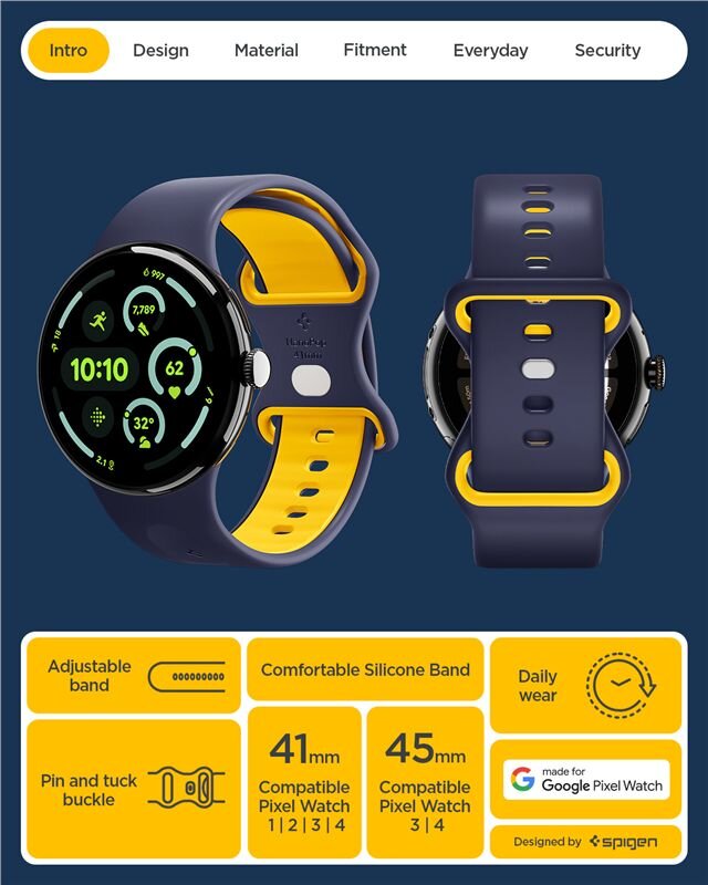 Obraz przedstawia dwa zegarki z silikonowymi paskami w kolorze granatowym z żółtym wnętrzem. Na dole znajdują się informacje: \'Adjustable band\', \'Comfortable Silicone Band\', \'Daily wear\', \'Pin and tuck buckle\', \'41mm Compatible Pixel Watch 1 | 2 | 3 | 4\', \'45mm Compatible Pixel Watch 3 | 4\', \'Made for Google Pixel Watch\', \'Designed by Spigen\'.