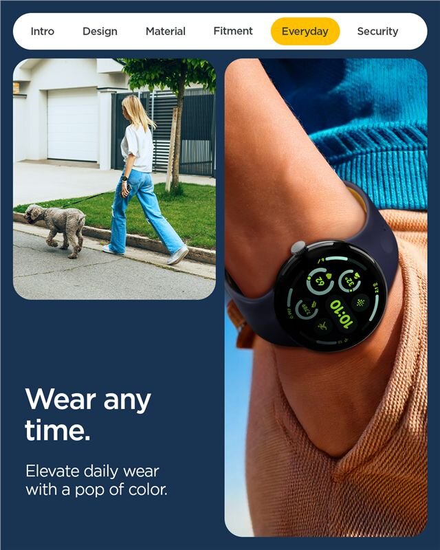 Obraz przedstawia osobę spacerującą z psem oraz zbliżenie na zegarek na nadgarstku. Widoczny jest tekst: \'Wear any time. Elevate daily wear with a pop of color.\'