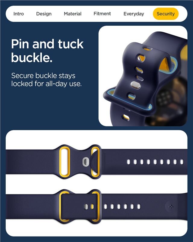 Obraz przedstawia pasek do zegarka w kolorze granatowym z żółtymi akcentami, z zapięciem typu \'pin and tuck\'. Tekst na obrazie: \'Pin and tuck buckle. Secure buckle stays locked for all-day use.\'