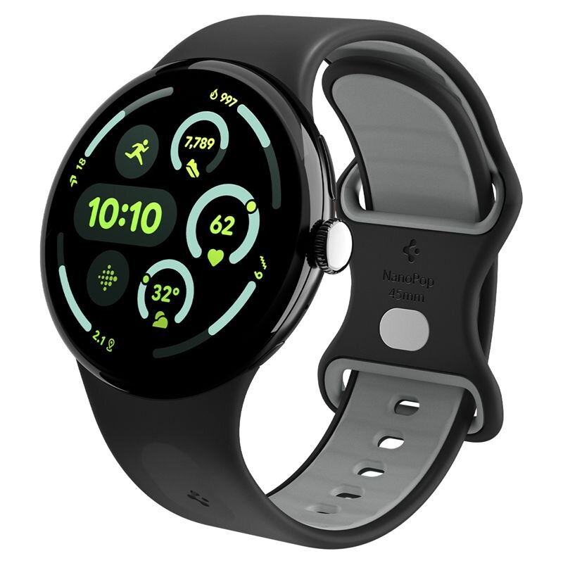 Smartwatch z czarnym paskiem i okrągłym wyświetlaczem pokazującym różne wskaźniki, takie jak kroki, kalorie i czas. Na pasku widoczny jest napis \'NanoPop 45mm\'.