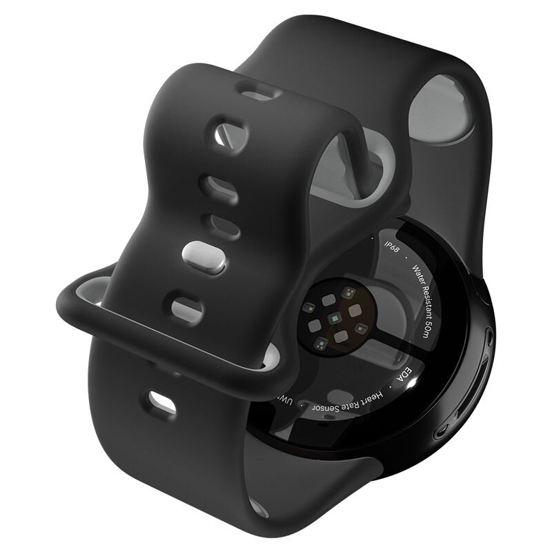 Czarny pasek zegarka z otworami, zamocowany na okrągłym zegarku z widocznymi czujnikami na spodzie. Na zegarku widoczny jest tekst: \'IP68\', \'Water Resistant 50m\'.